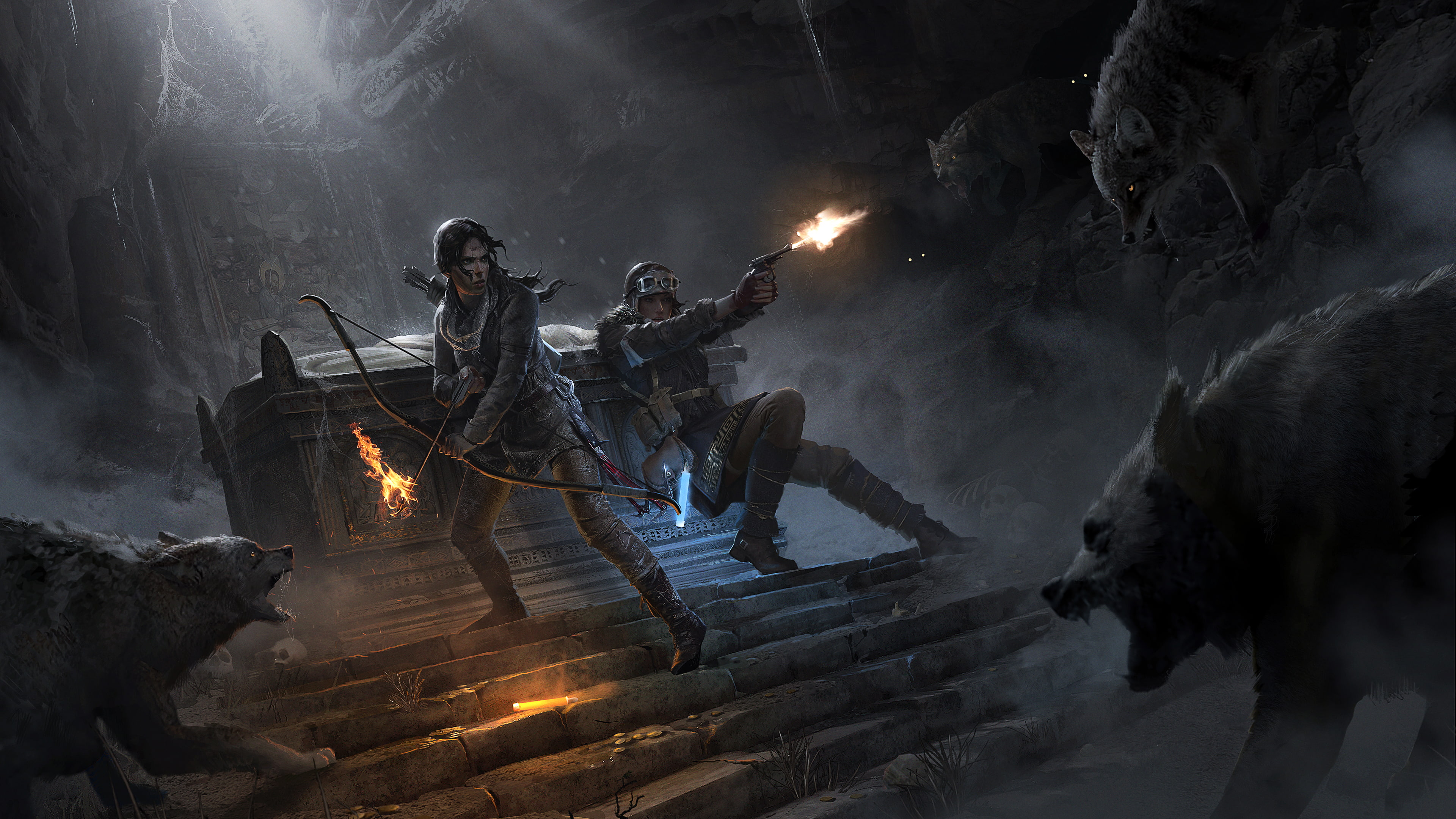 Rise of the Tomb Raider: 20 Year Celebration, Rise of the Tomb Raider, tomb, Tomb Raider, Lara Croft, the opposition, cave, wolves, 4K, HD Wallpaper