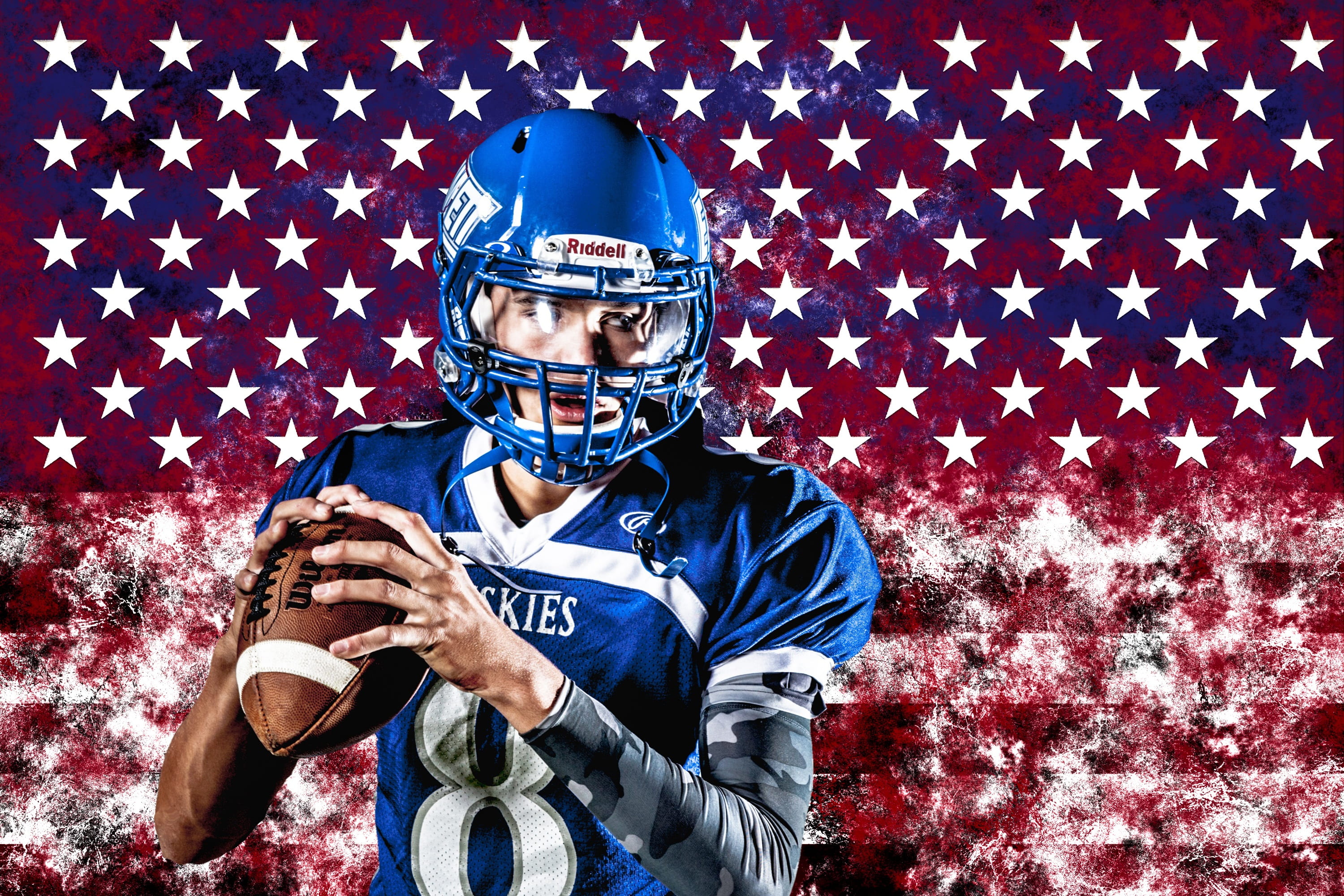 front view, one person, clothing, men, mid adult, man, sport, brown, portrait, blue, sports helmet, looking at camera, flag, american football, america, HD Wallpaper