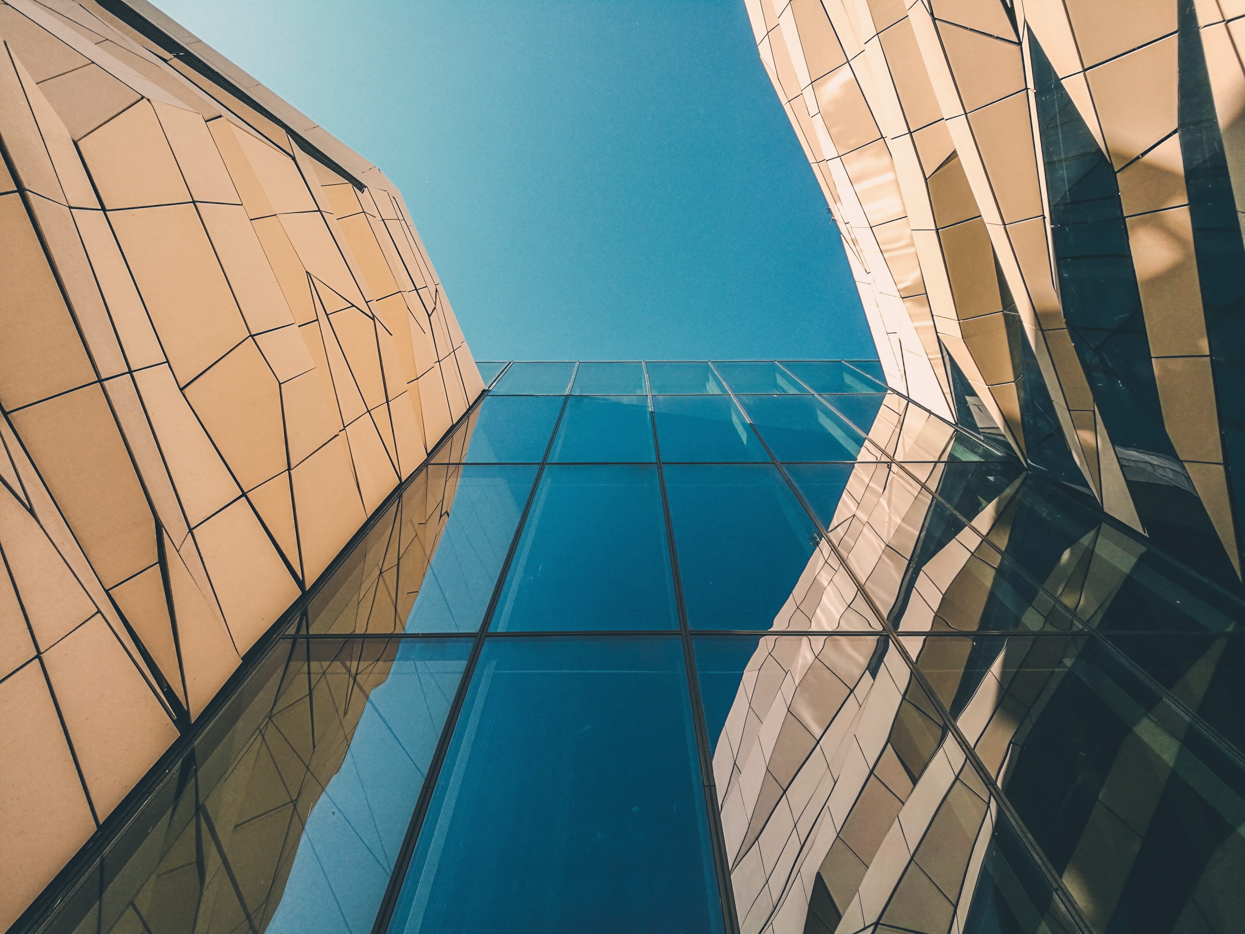 steel, glass, pattern, nature, low, no people, shape, outdoors, building, clear, modern, day, daytime, reflection, office building exterior, sky, background, HD Wallpaper