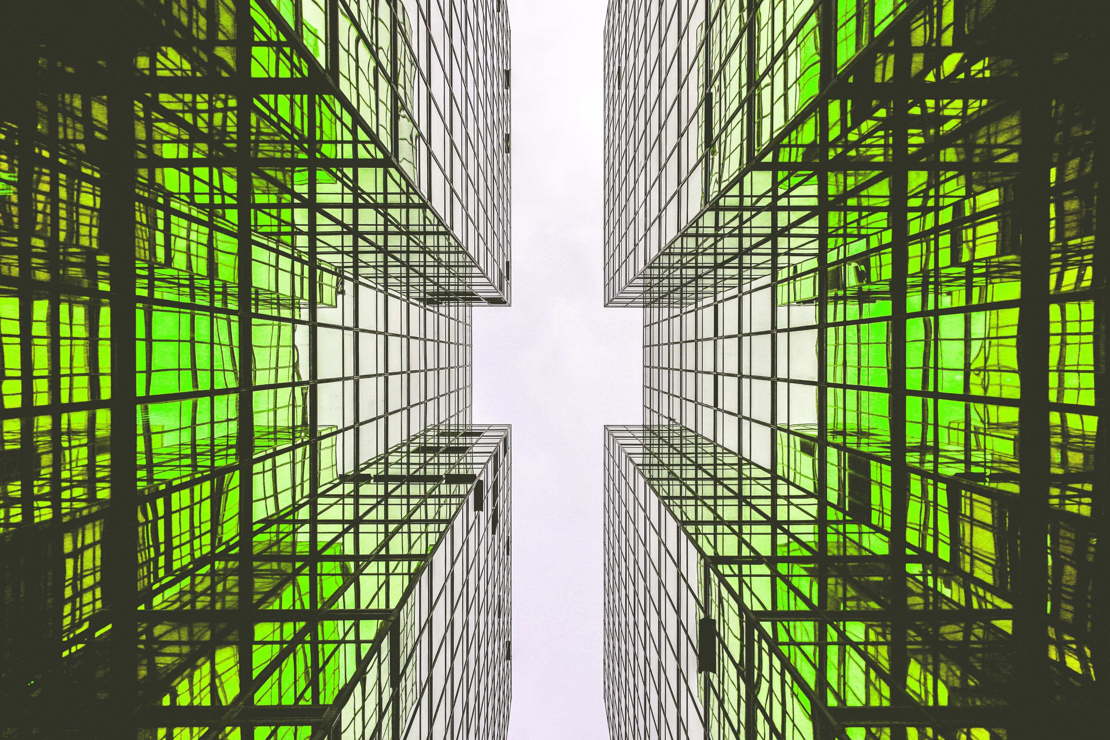 architecture, building exterior, skyscraper, greenery, green color, trend color 2017, no people, tower, building, outdoors, sky, 4K, glass, day, geometric shape, HD Wallpaper