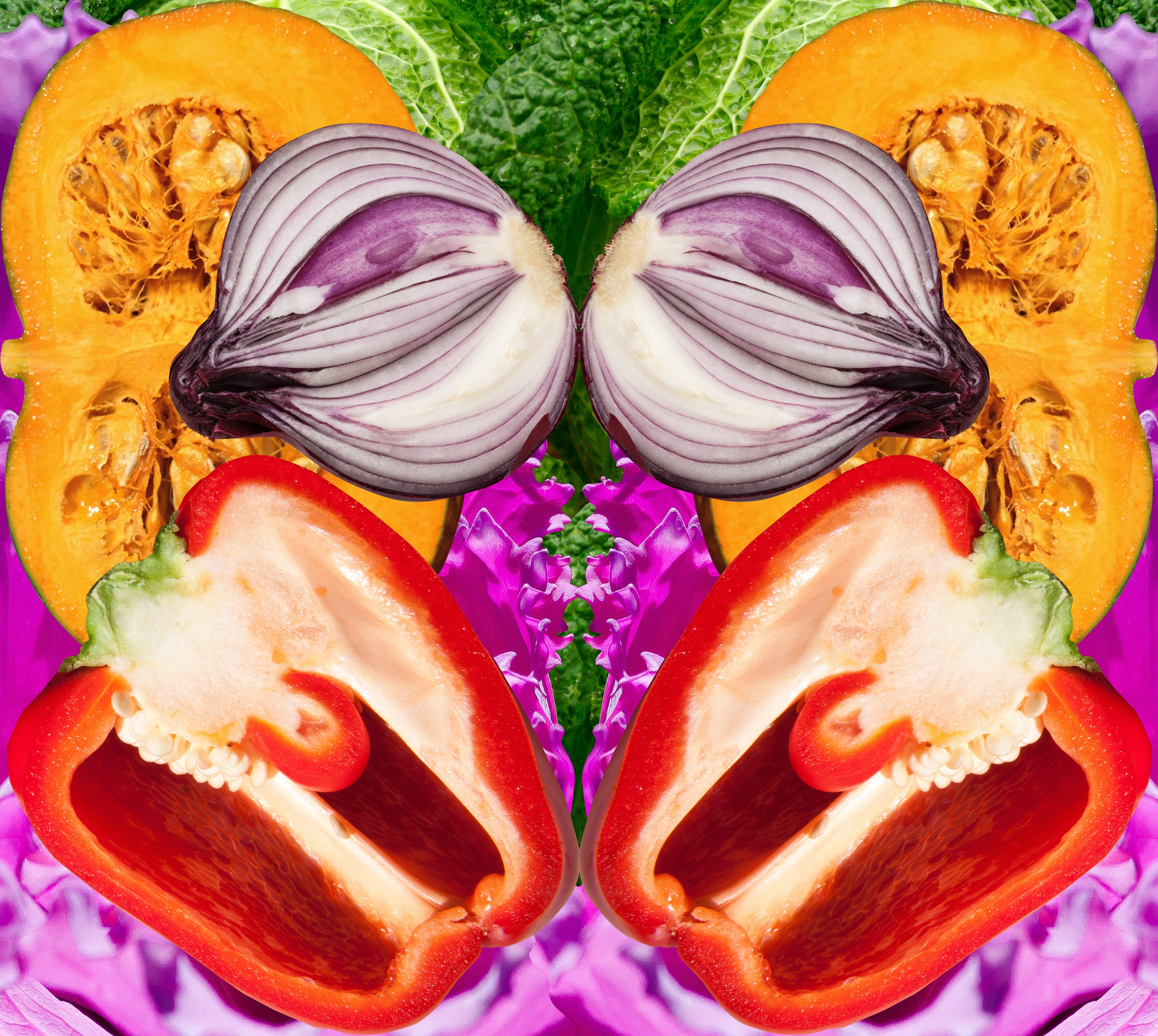 mirrored, unreal, fantastic, vegetable, paprika, close-up, kohl, multi Colored, mystery, flowering plant, people, purple, flower, food, slice, one person, HD Wallpaper