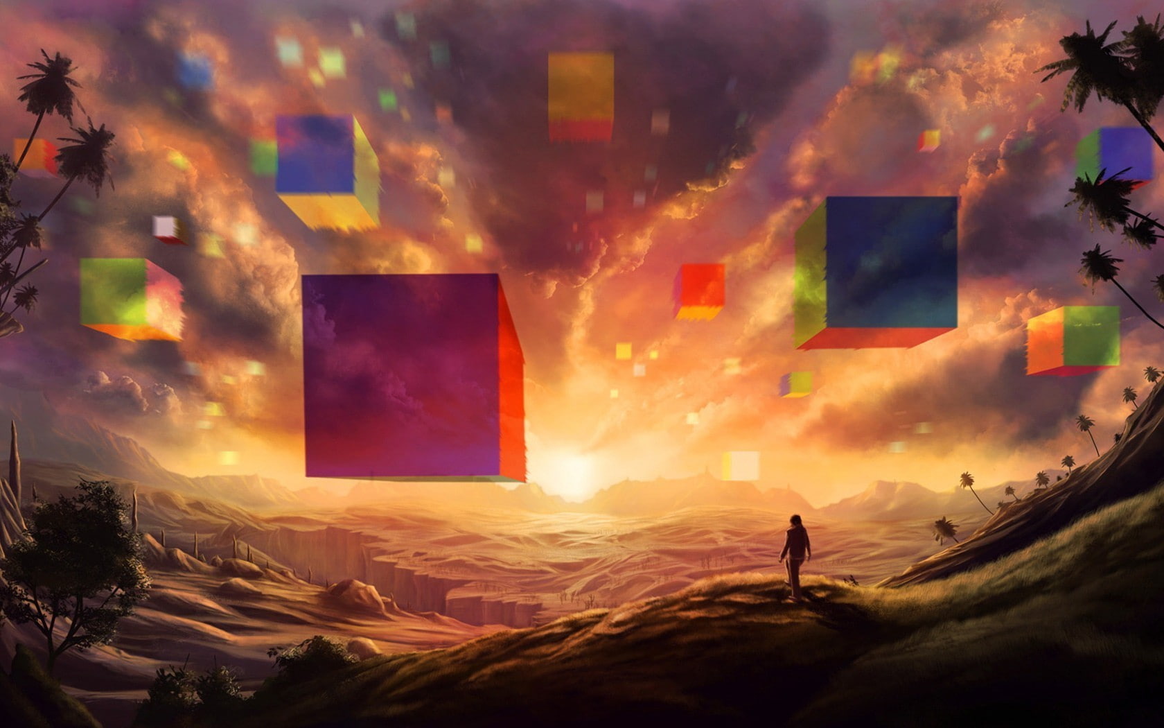 looking into the distance, cube, silhouette, colorful, 720P, landscape, sunlight, floating, fantasy art, HD Wallpaper