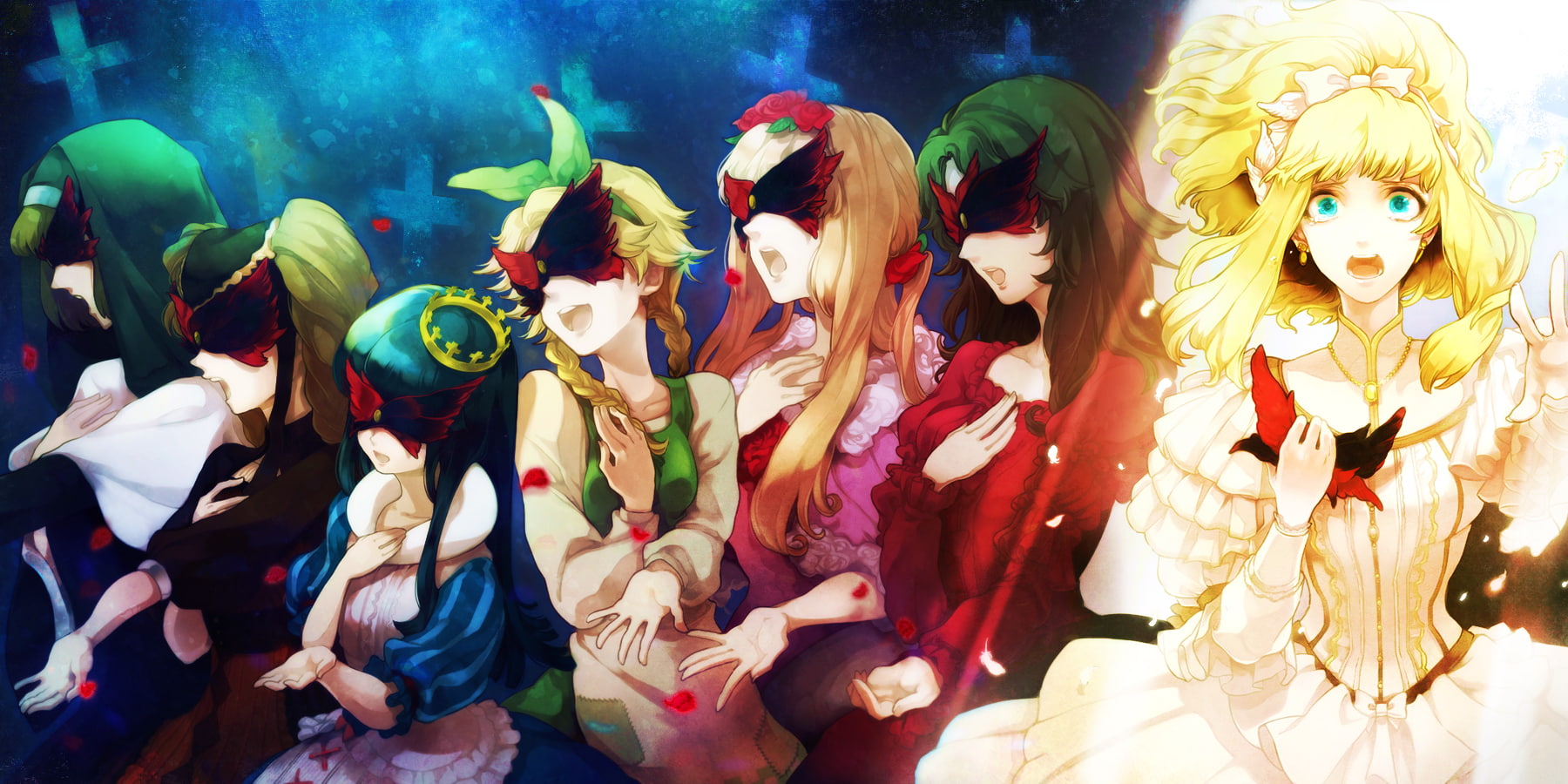 yukizen, ponytail, marchen, blue, 720P, idoko, blonde, long, flowers, brown, sound, horizon, rose, hair, black, mask, crown, aohigeko, tears, dornroschen, HD Wallpaper