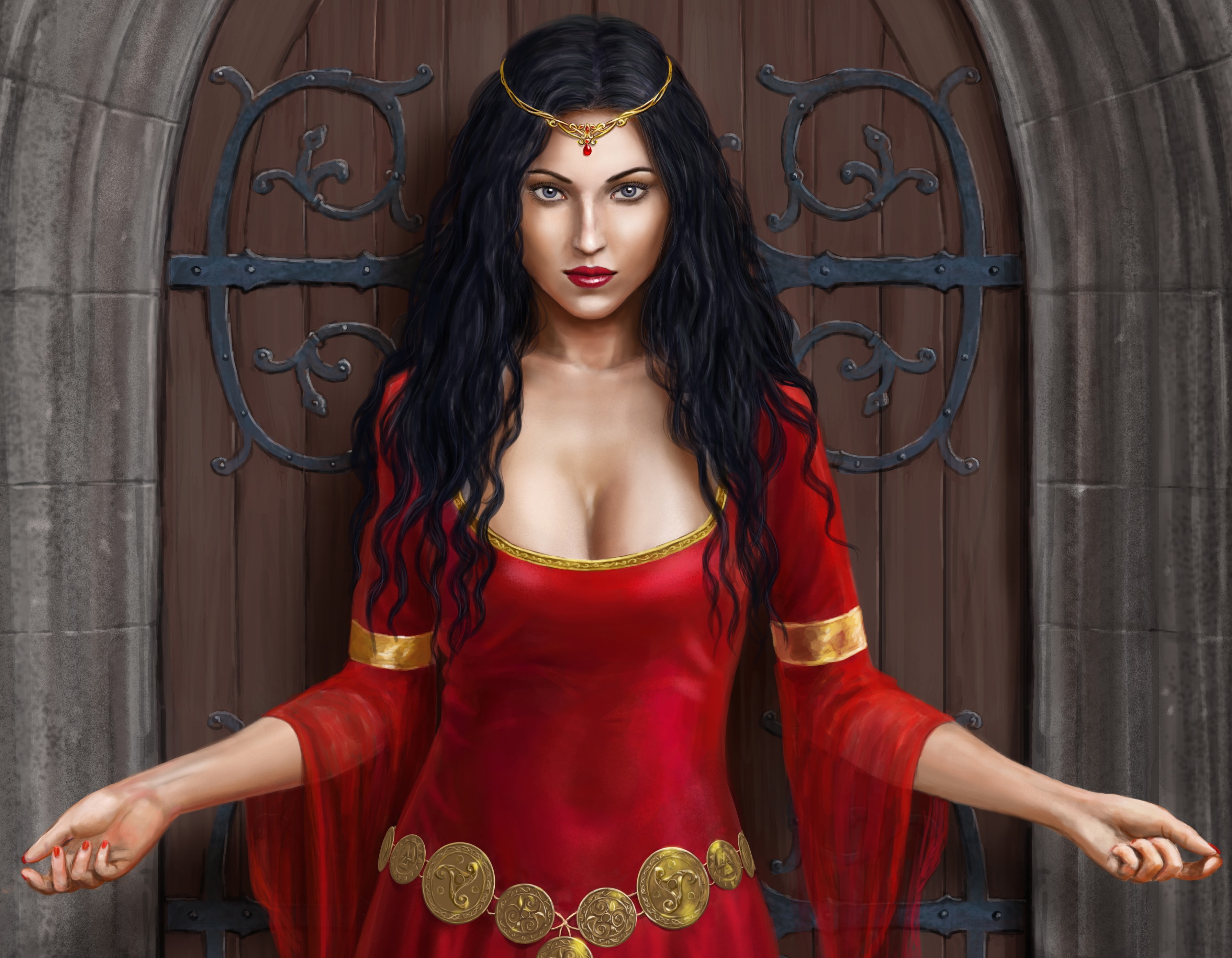 portrait, neck, woman, front view, long hair, the door, scoop, haired, clothing, in red, castle, hair, dress, hairstyle, 2K, wearing, one person, beautiful woman, HD Wallpaper