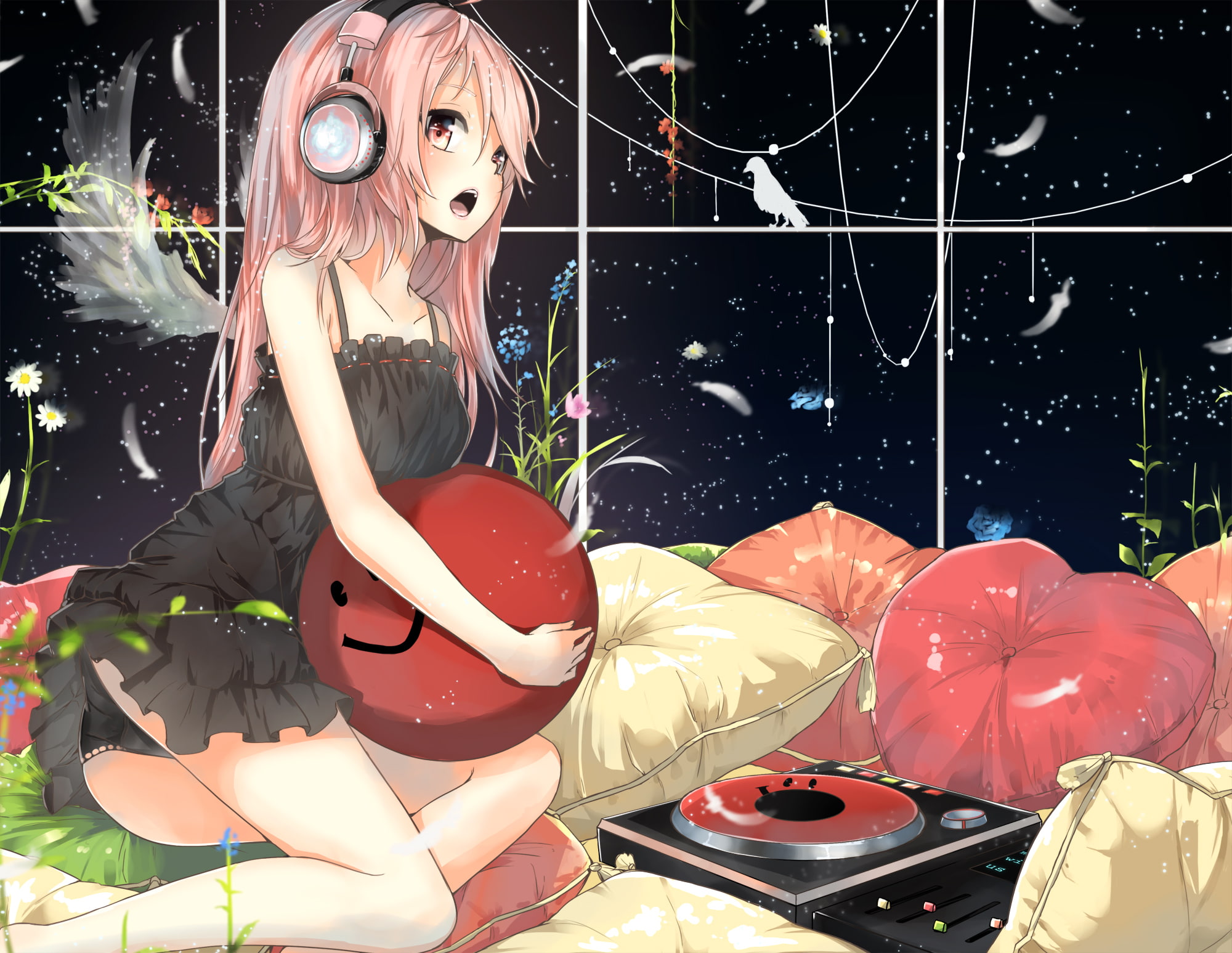 anime, beautiful woman, vocaloid, blond hair, night, portrait, the na-, player, wearing, 1080P, art, black, indoors, sitting, wings, young women, leisure activity, HD Wallpaper