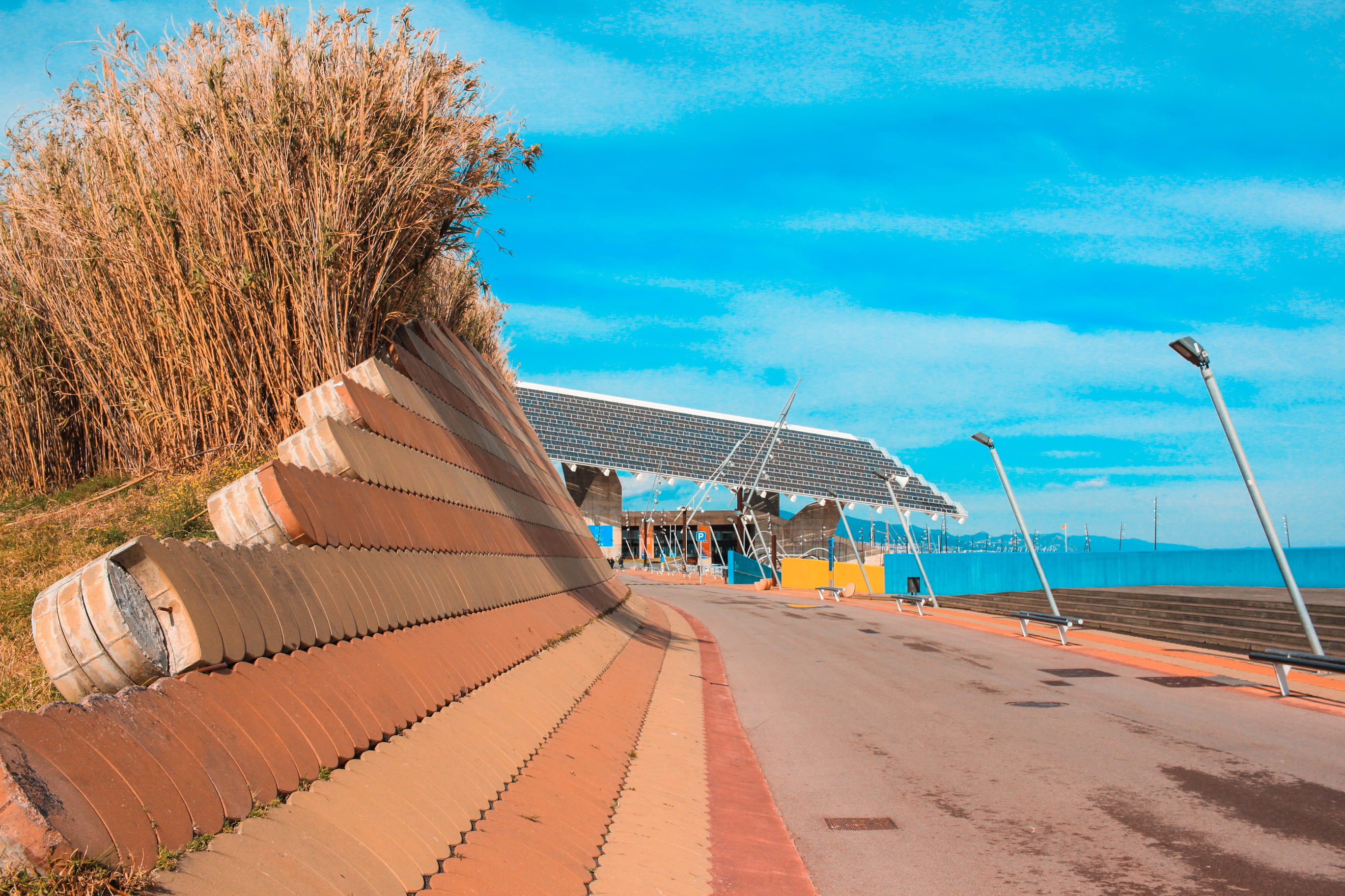 outdoors, plant, water, land, forum skate park, 2K, panels, no people, building exterior, pattern, beach, solar, tree, sea, nature, sand, skate, sky, blue, HD Wallpaper