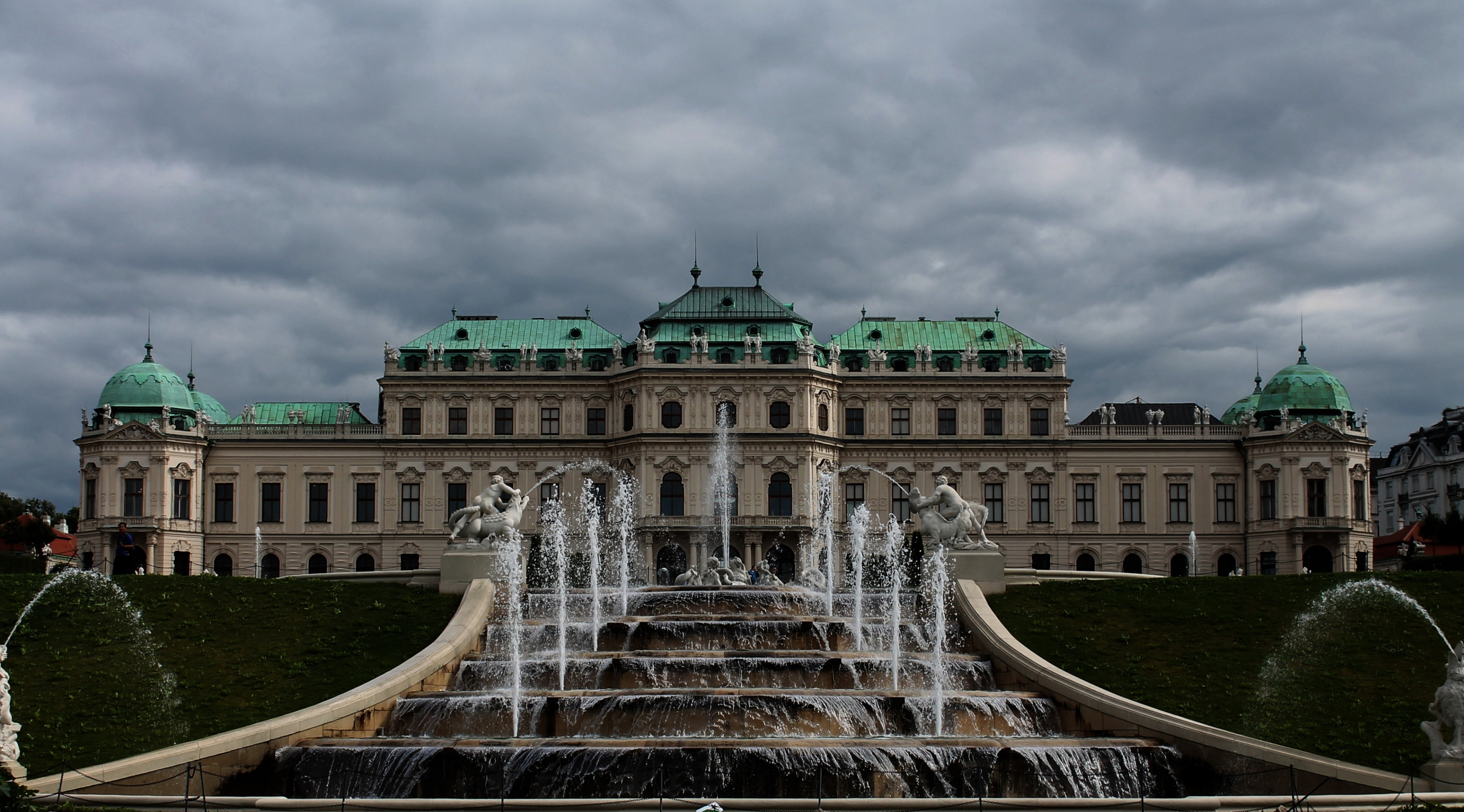 Travel, nature, history, building exterior, mansion, built structure, fountain, vienna, tourism, belvedere palace, green, Building, Austria, facade, sky, HD Wallpaper