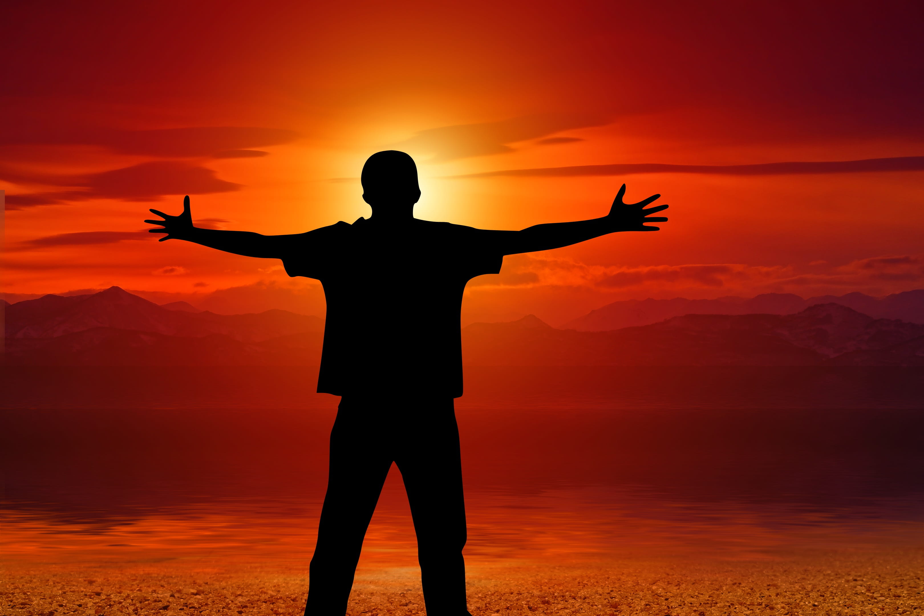 embrace, lifestyles, beach, arms raised, welcome, positive emotion, standing, happy, wave, man, joy, scenics - nature, sunset, luck, success, freedom, silhouettes, HD Wallpaper