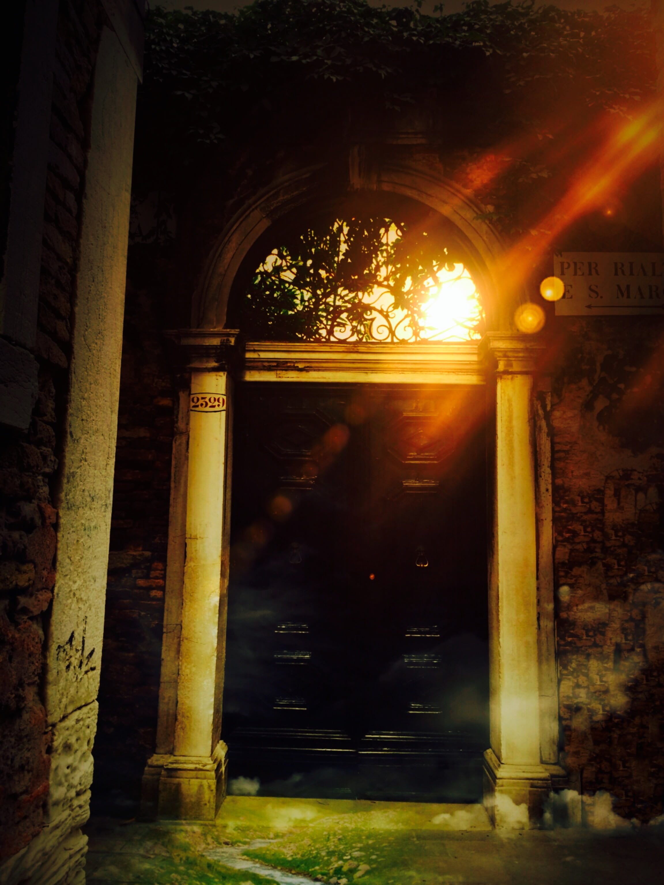 nature, mystical, colonnade, surreal, architecture, door, 2K, wooden, night, no people, columnar, day, sun, outdoors, history, religion, building exterior, Phone HD Wallpaper