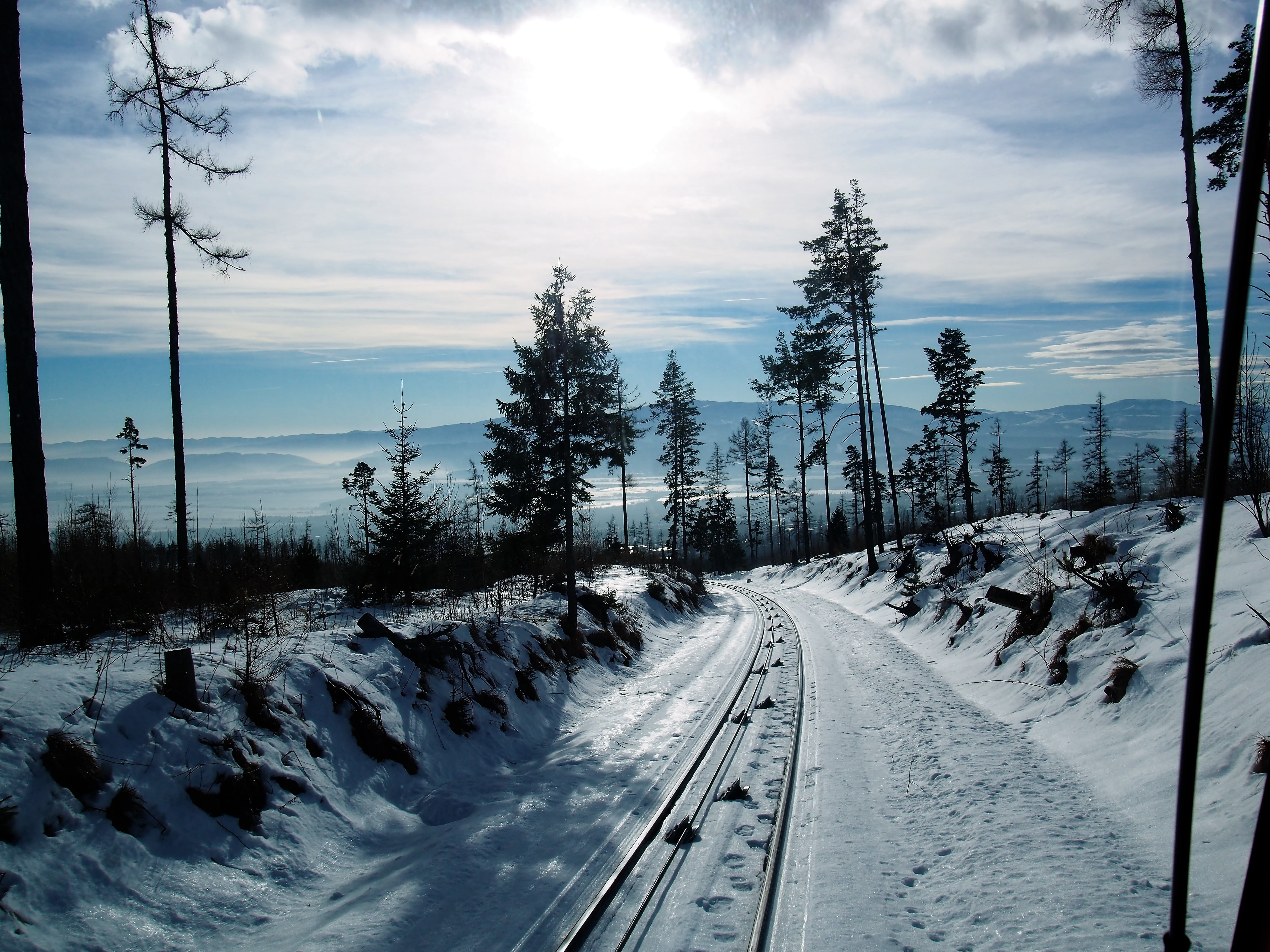 nature, tranquil scene, transportation, sun, sky, snowcapped mountain, scenics, winter, 4K, tree, landscape, railroad track, scenics - nature, cloud - sky, HD Wallpaper