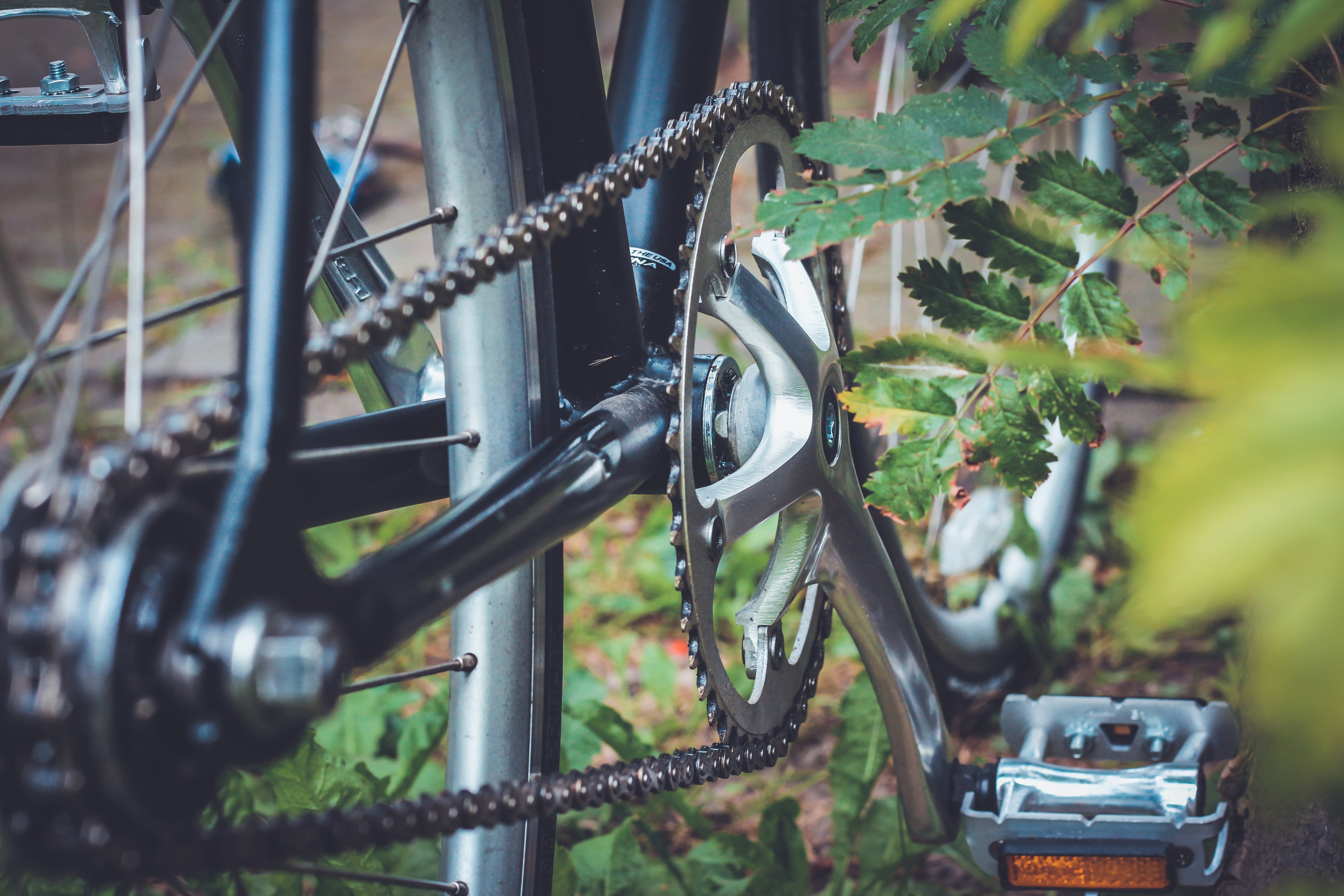 tire, leaf, steel, plant, bike, mode of transportation, bicycle, parking, fence, boundary, transportation, chain, metal, pedal, wheel, selective focus, HD Wallpaper