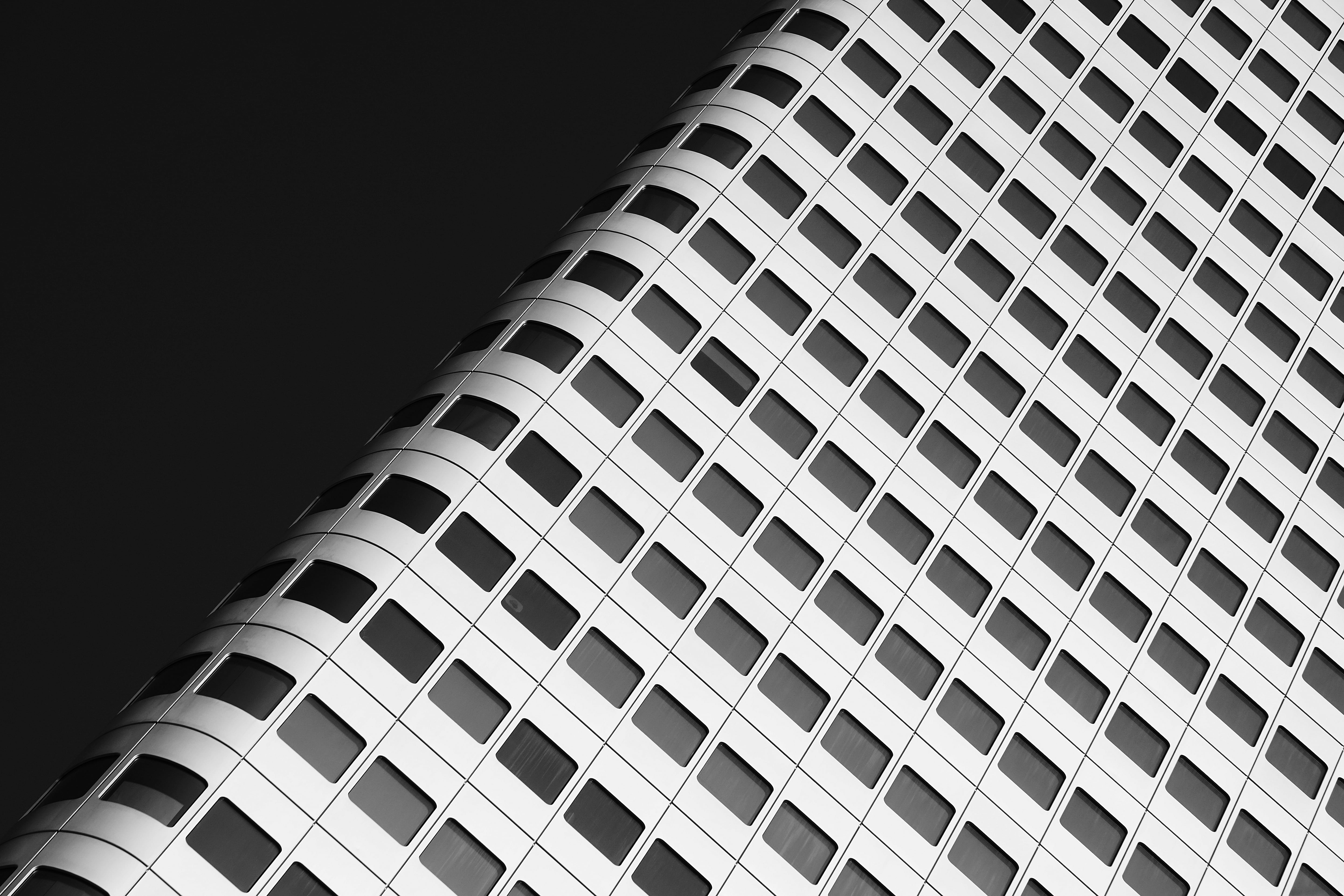 5K, facade, black background, ceiling, skyscraper, office Building, building Exterior, construction Industry, black And White, modern, business, architecture, HD Wallpaper