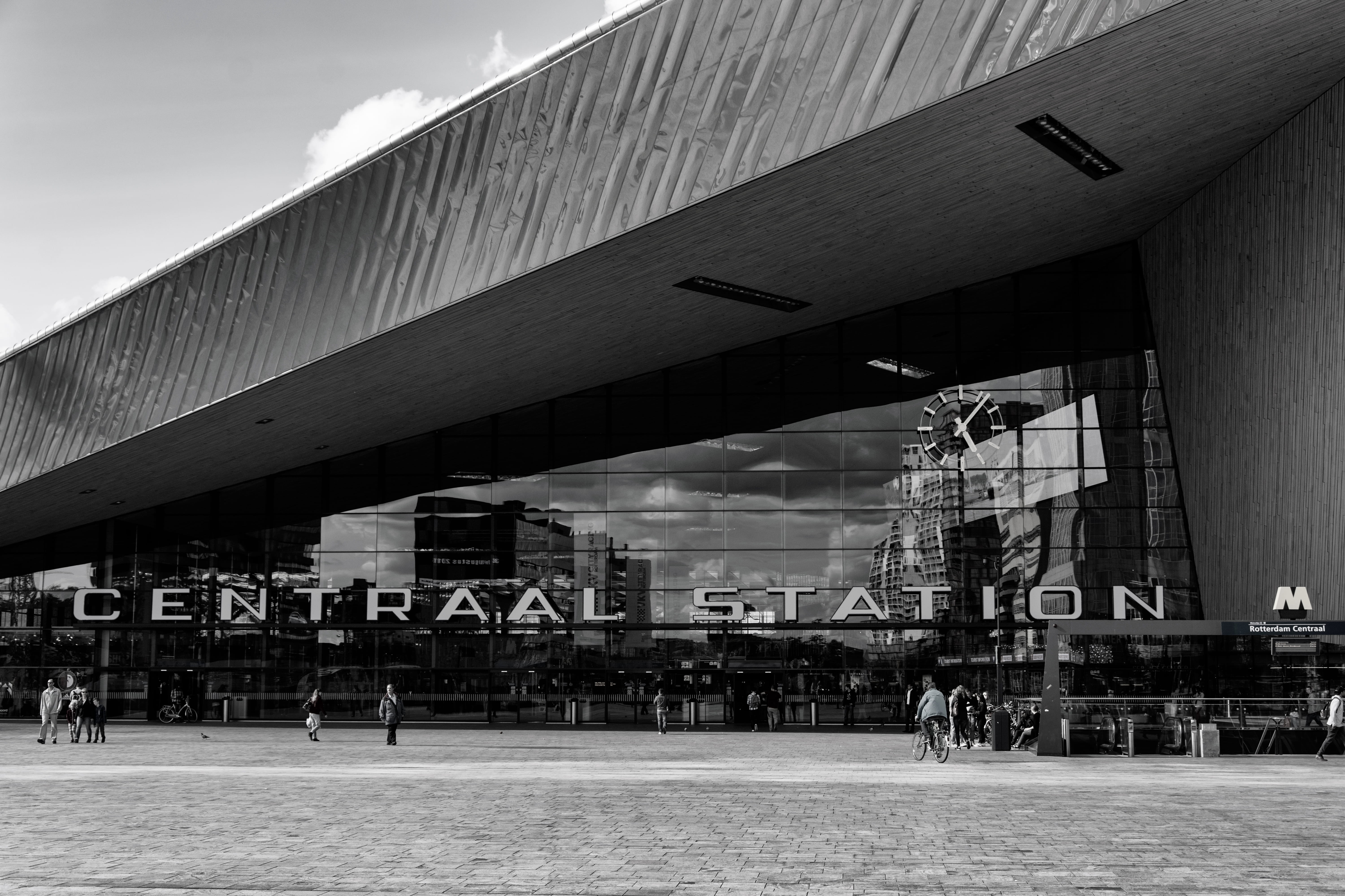 train station, sky, street, building, photography, transportation, group of people, centraal, time, grayscale, centraal station, nature, people, vehicle, HD Wallpaper
