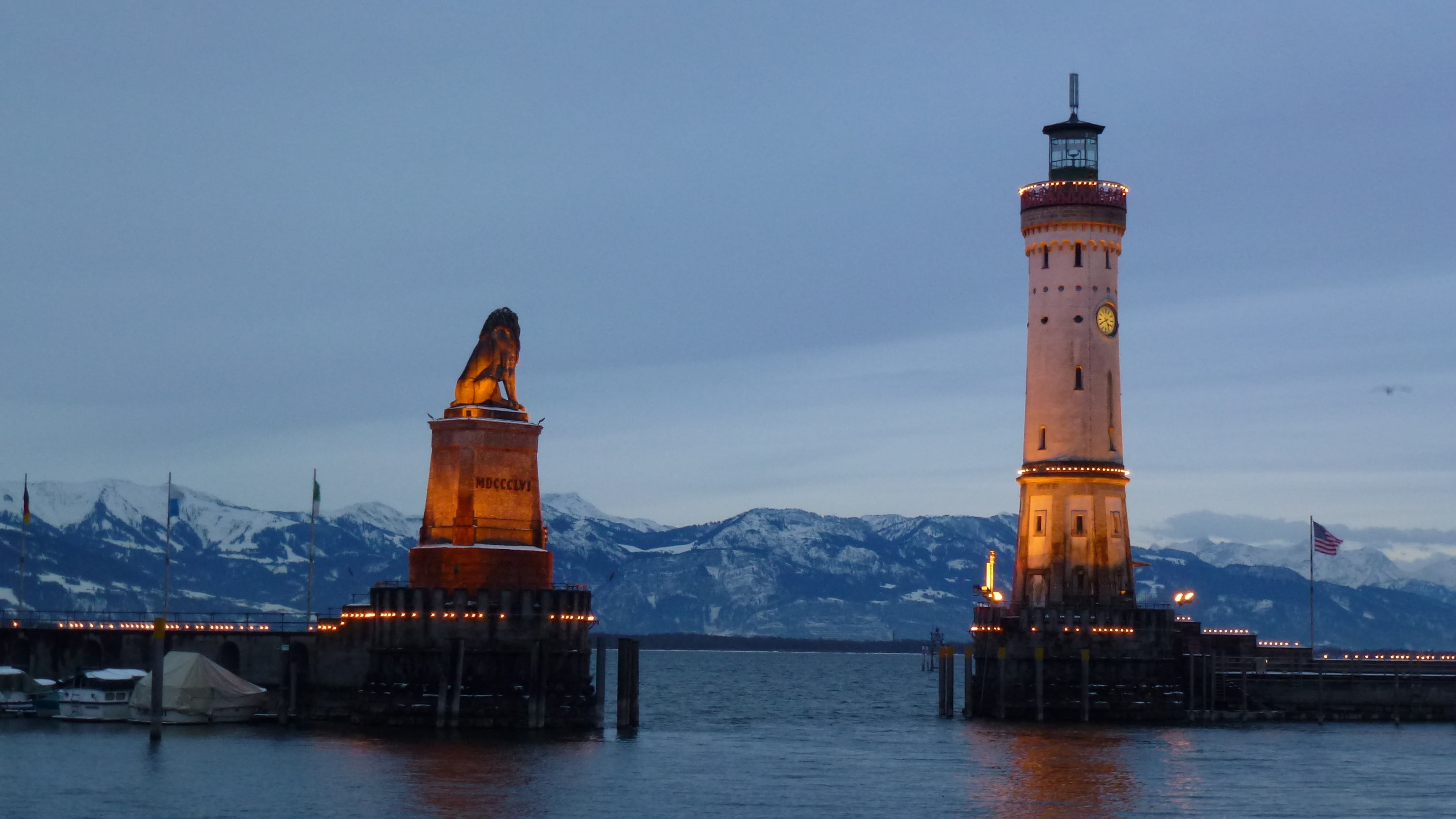 romantic, winter, illuminated, mood, mountain, harbour entrance, idyllic, bavaria, building exterior, built structure, water, lighthouse, architecture, HD Wallpaper