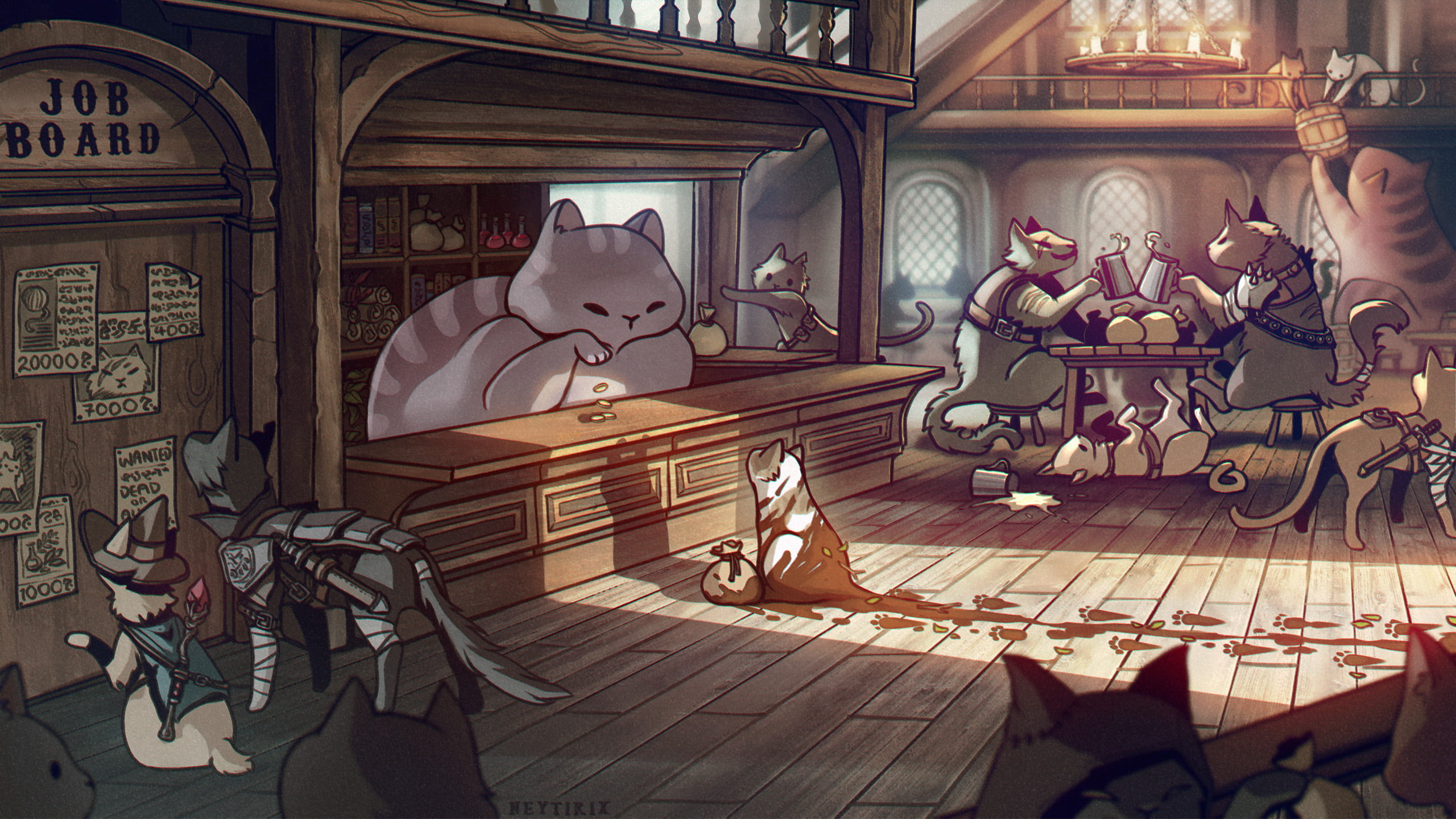 dirty, 2K, pub, reward, michis, sword, guild, missions, adventurers, cats, HD Wallpaper