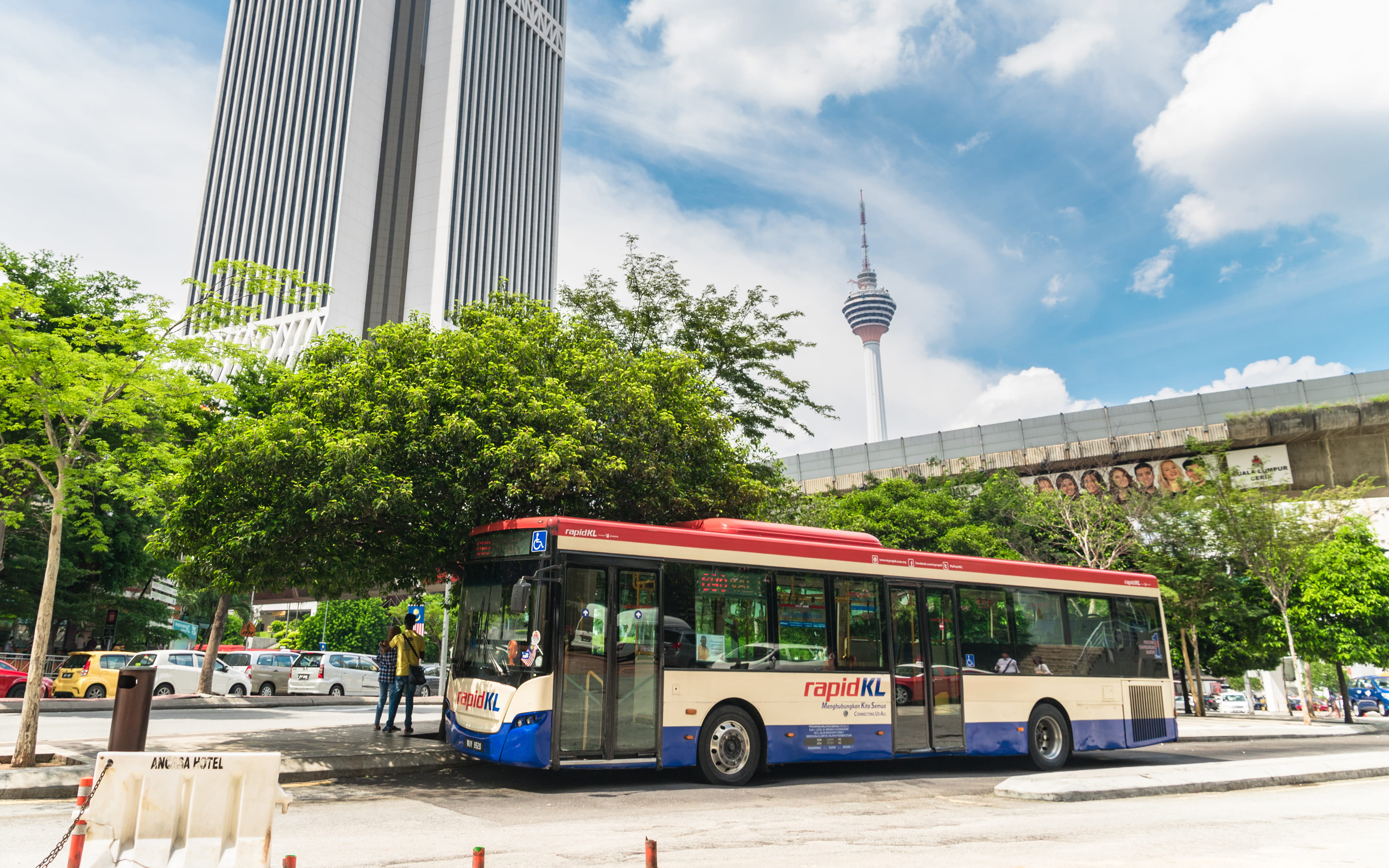 modern, outdoors, cloud - sky, mode of transportation, building, land vehicle, street, city street, spire, tourism, trees, bus, travel, skyscraper, clouds, HD Wallpaper