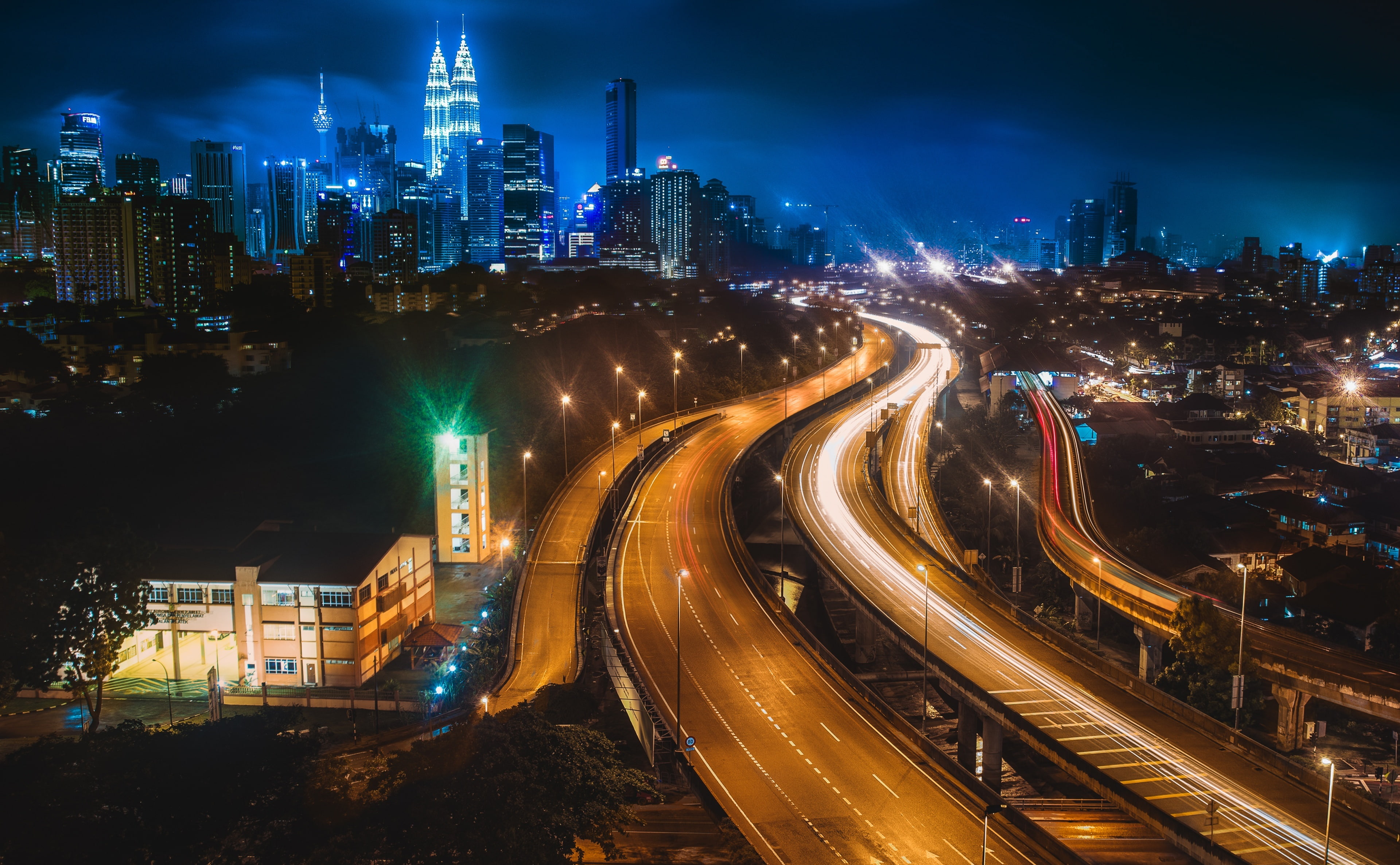 building, Train, kuala lumpur, city, skyscraper, no people, glowing, road, dato, lumpur, office building exterior, Trails, transportation, high angle view, HD Wallpaper