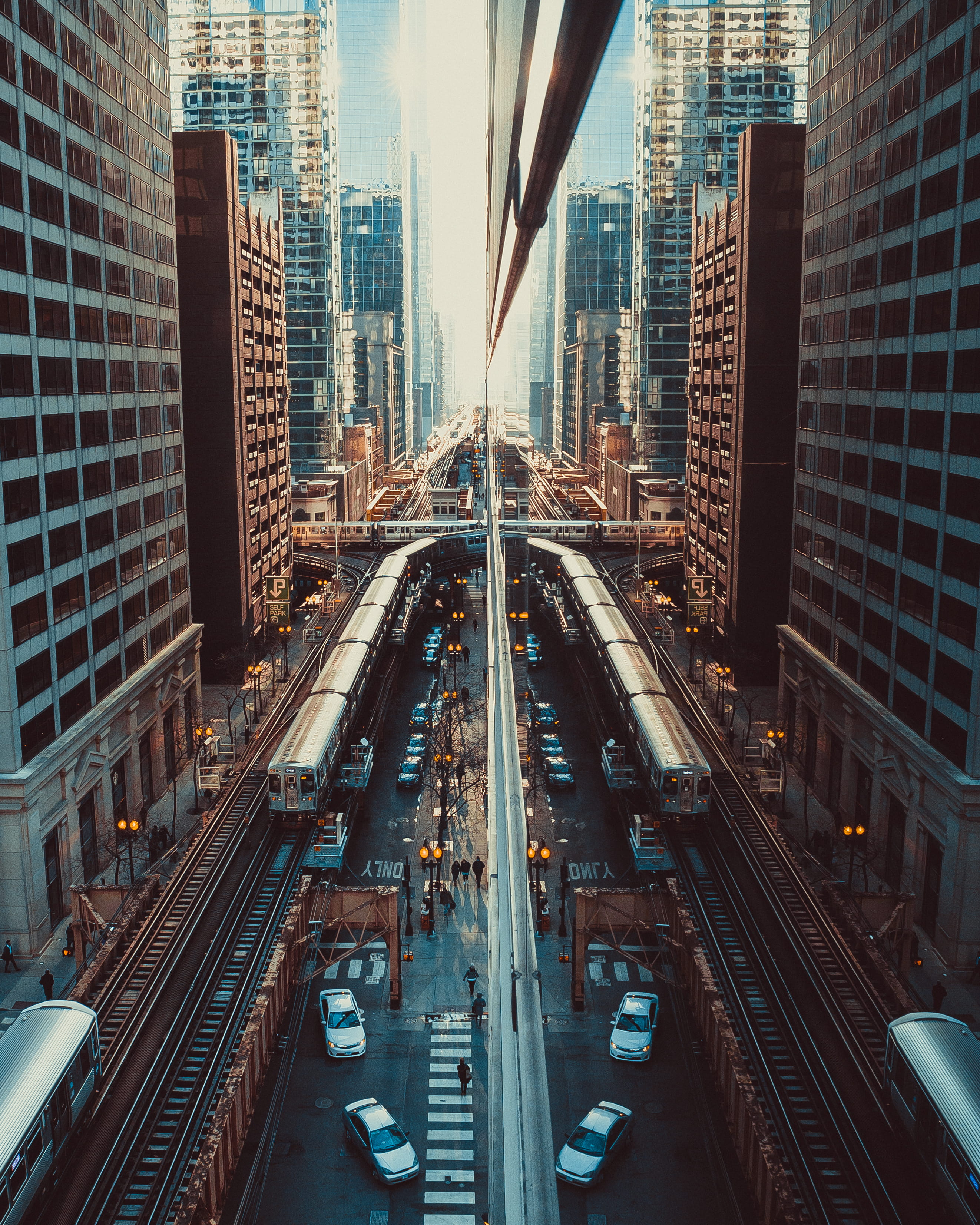 skyscrapers, architectural design, offices, built structure, transportation, buildings, mode of transportation, tall, tall - high, trains, contemporary, Phone HD Wallpaper