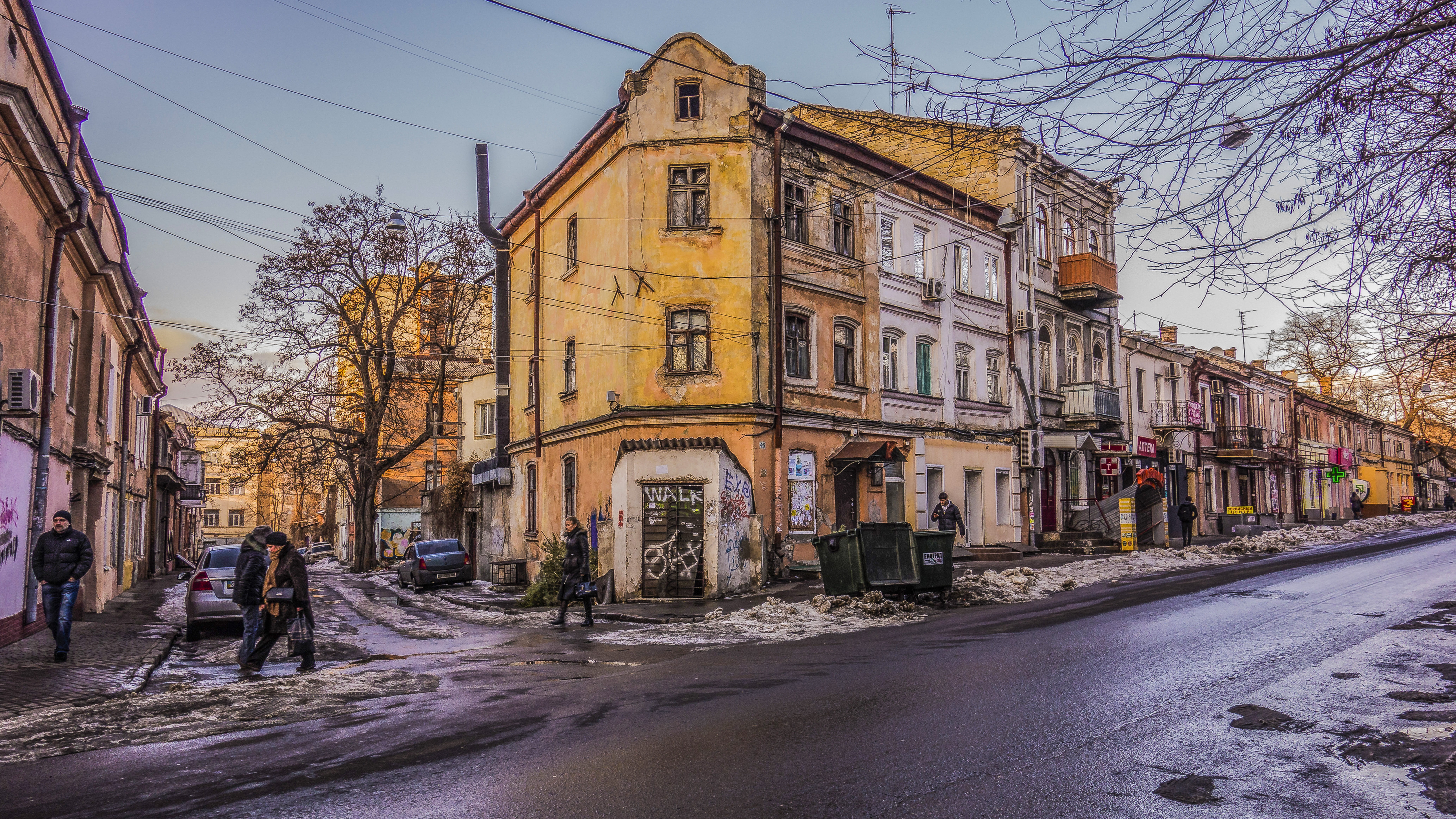tree, city, road, plant, real people, bare tree, incidental people, building exterior, odessa crossroads winter, people, walking, built structure, 8K, HD Wallpaper