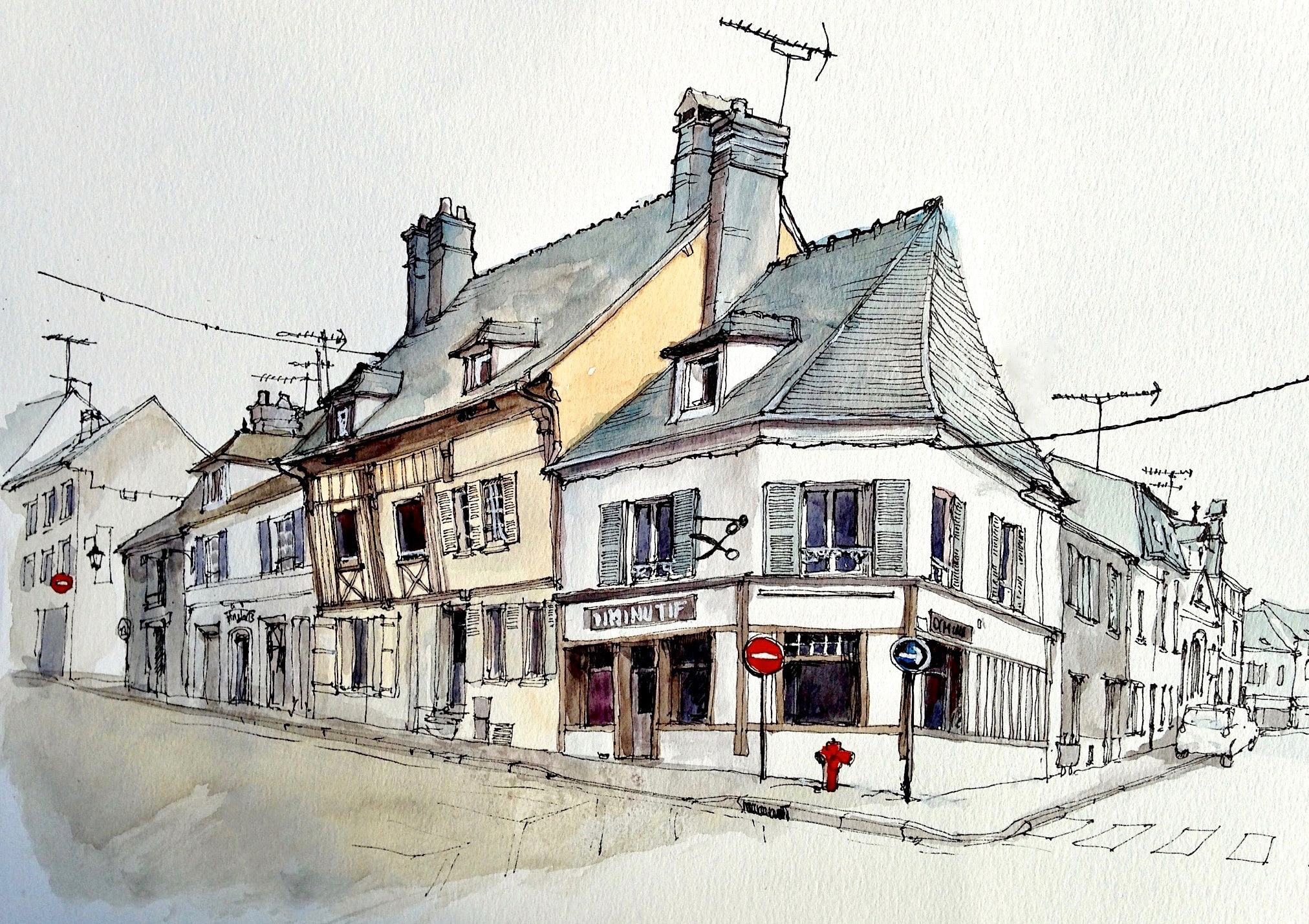 street, crossroads, 1080P, watercolor, figure, the city, home, HD Wallpaper