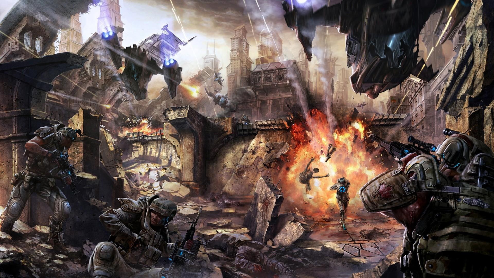 army, game, 3d and abstract, guns, 1080P, soldiers, spaceships, illustration, death, fighting, war, HD Wallpaper