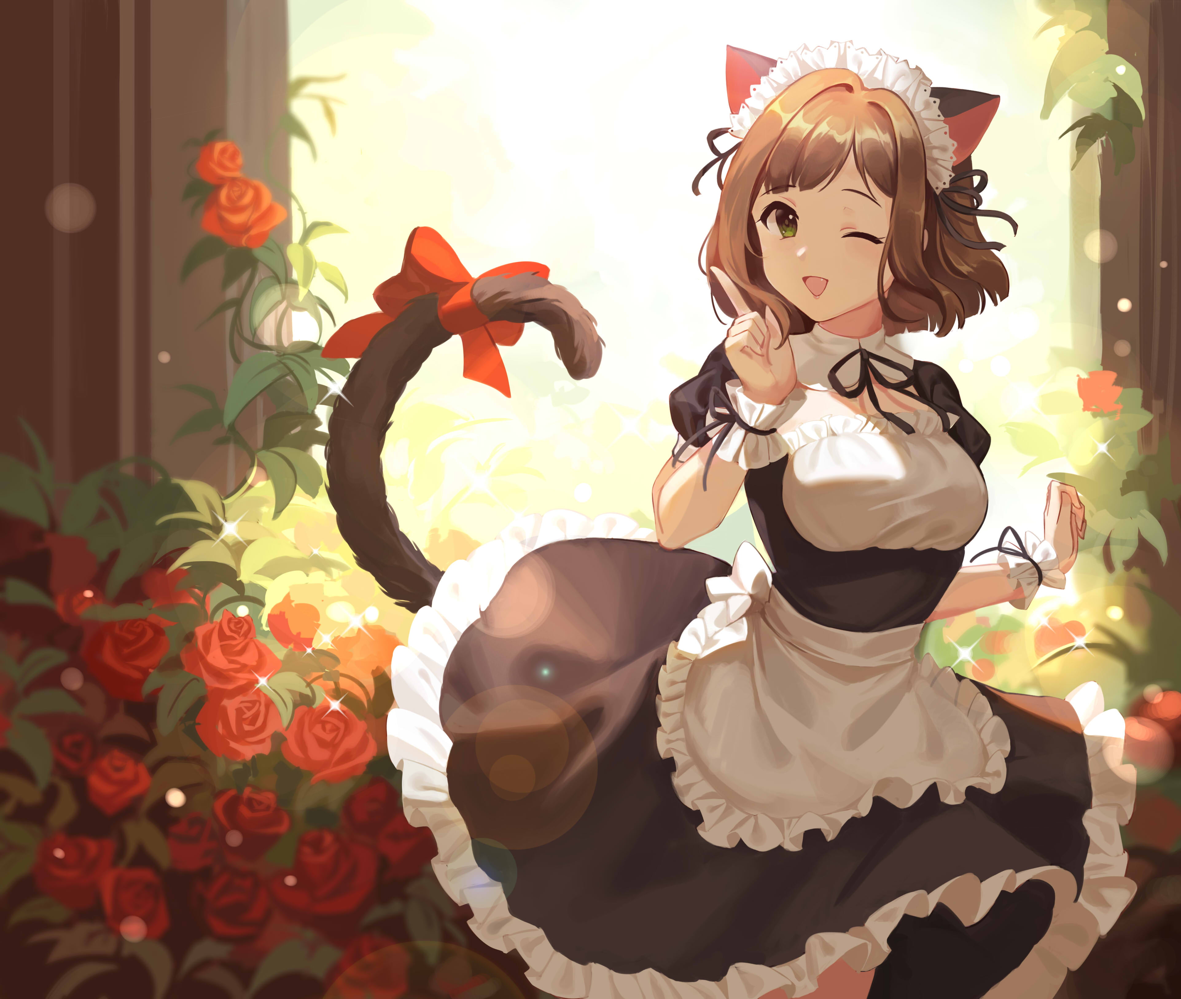 cat girl, maid, flowers, tail, Maekawa Miku, anime, brunette, anime girls, 4K, rose, HD Wallpaper