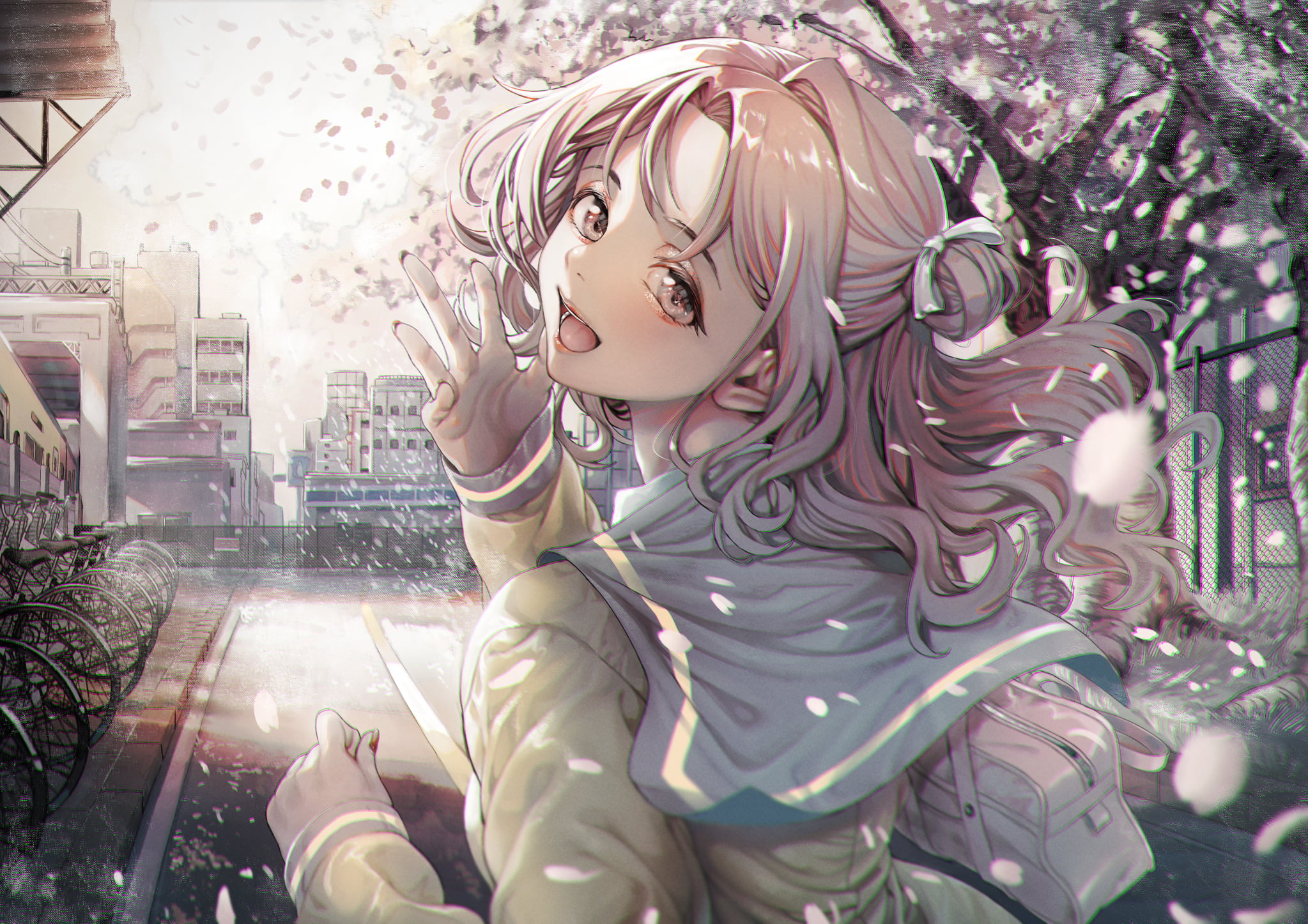 anime, Ichikawa Hinana, school uniform, anime girls, The Idolmaster: Shiny Colors, bicycle, trees, petals, long hair, long nails, 1080P, HD Wallpaper