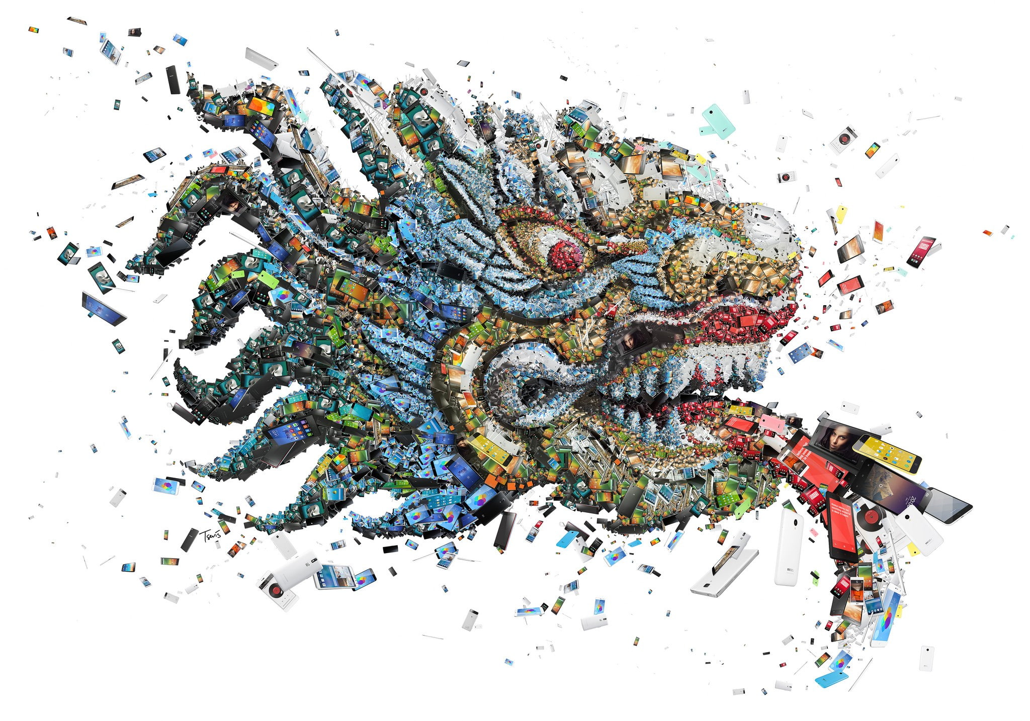 mosaic, face, Chinese, teeth, digital art, technology, 1080P, red eyes, dragon, cellphone, collage, white background, HD Wallpaper