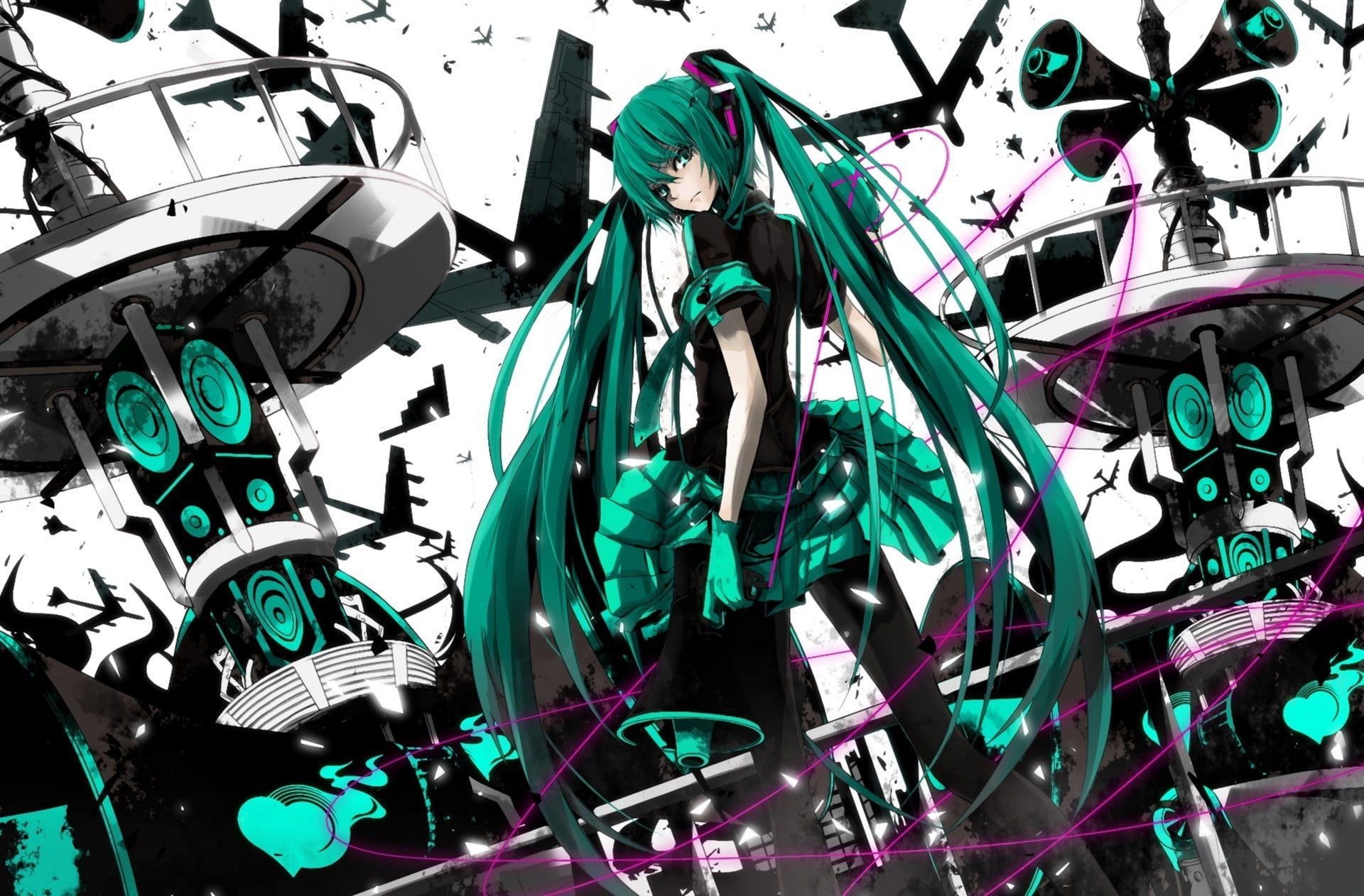airplanes, girl, vocaloid, miruto, 1080P, koi, hatsune, miku, illustration, anime, character, haired, sensou, wires, megaphone, netsuki, art, green, HD Wallpaper