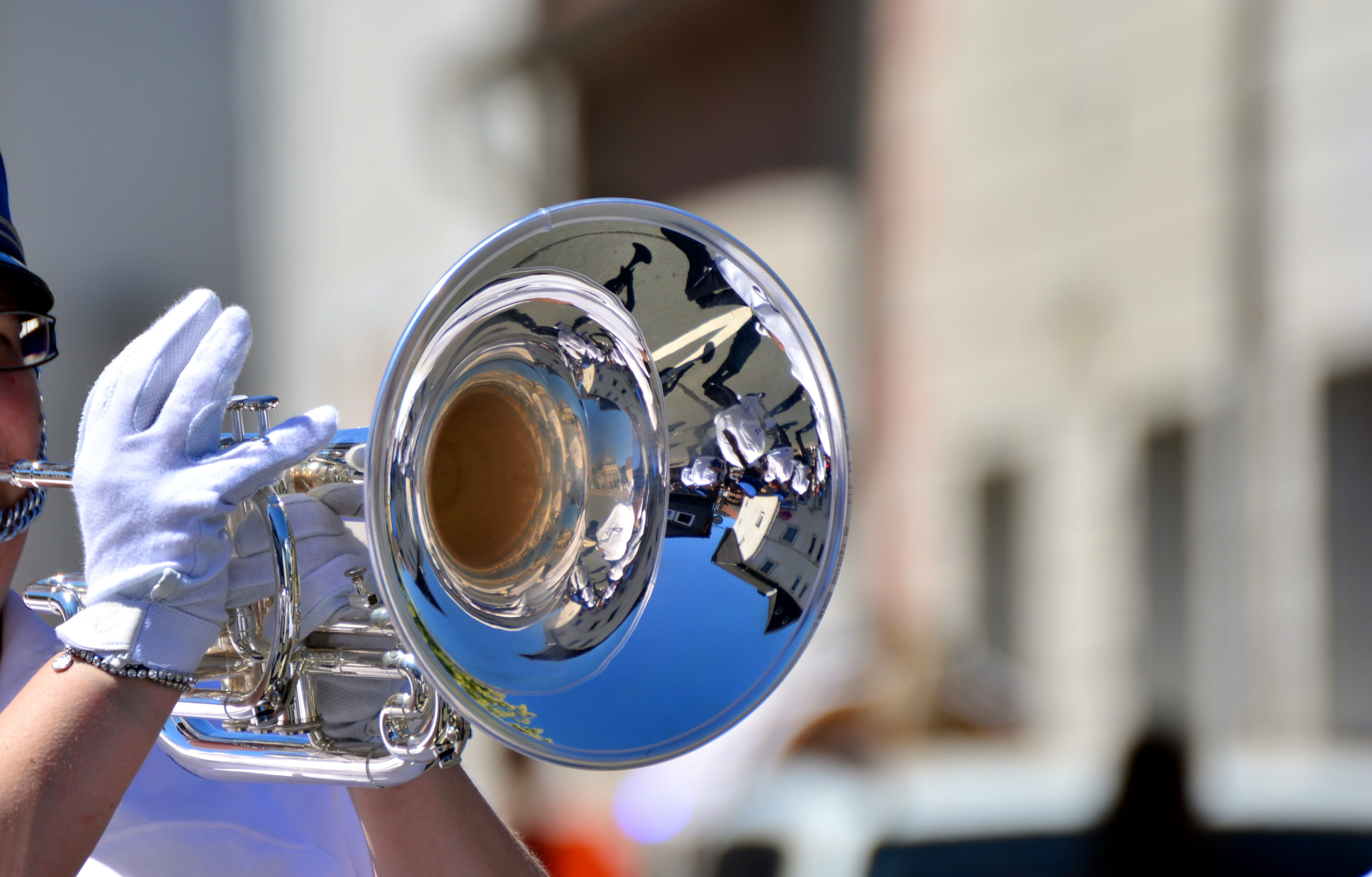 steel, trumpet, chrome, musician, focus on foreground, musical instrument, obscured face, brass instrument, human hand, holding, day, mirroring, silver colored, HD Wallpaper