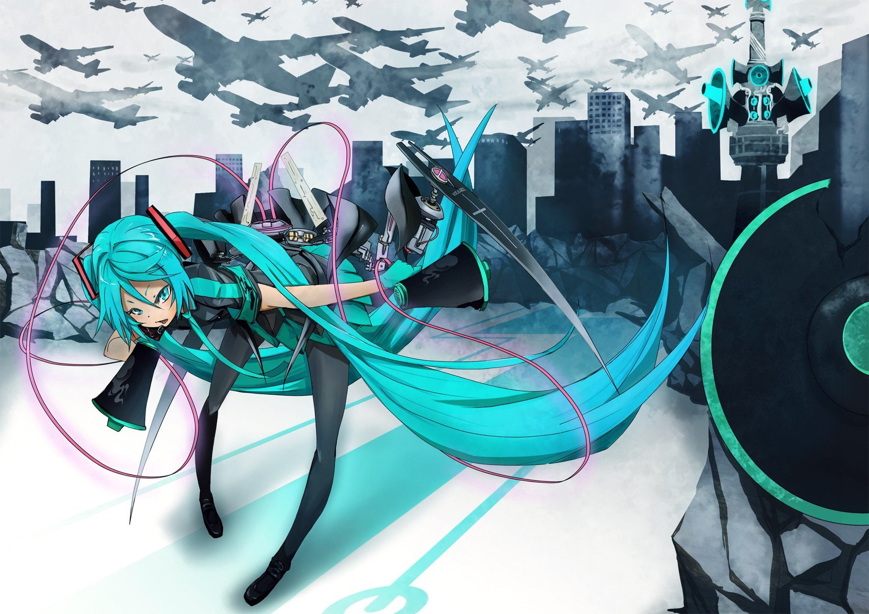 twintails, airplanes, buildings, green, sleeves, detached, 720P, long, stockings, vocaloid, miku, hair, war, wires, megaphones, love, hatsune, HD Wallpaper
