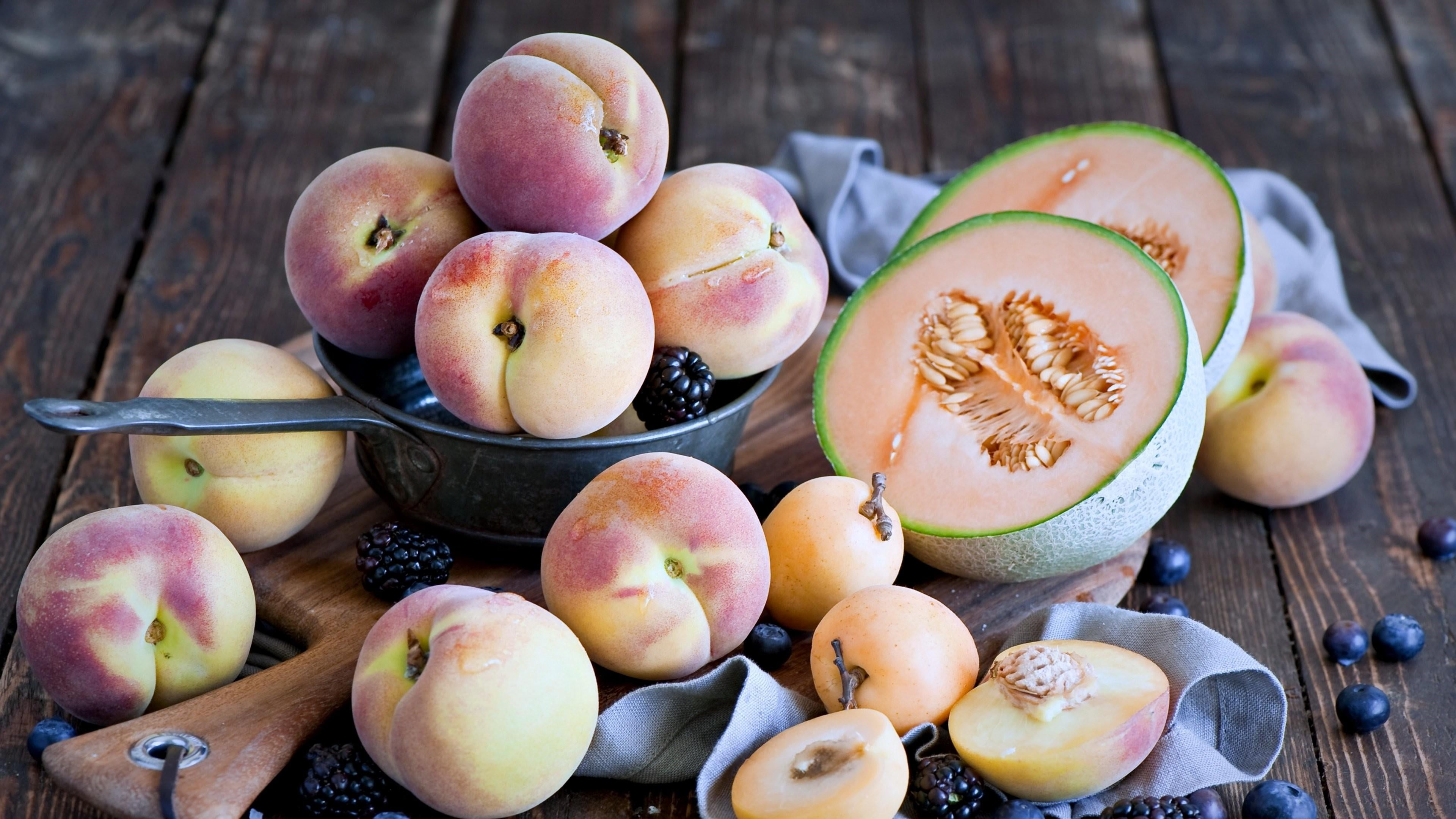 freshness, food and drink, food, healthy eating, still life, no people, melon, fruits, fruit, indoors, wellbeing, choice, close-up, wood - material, peach, HD Wallpaper