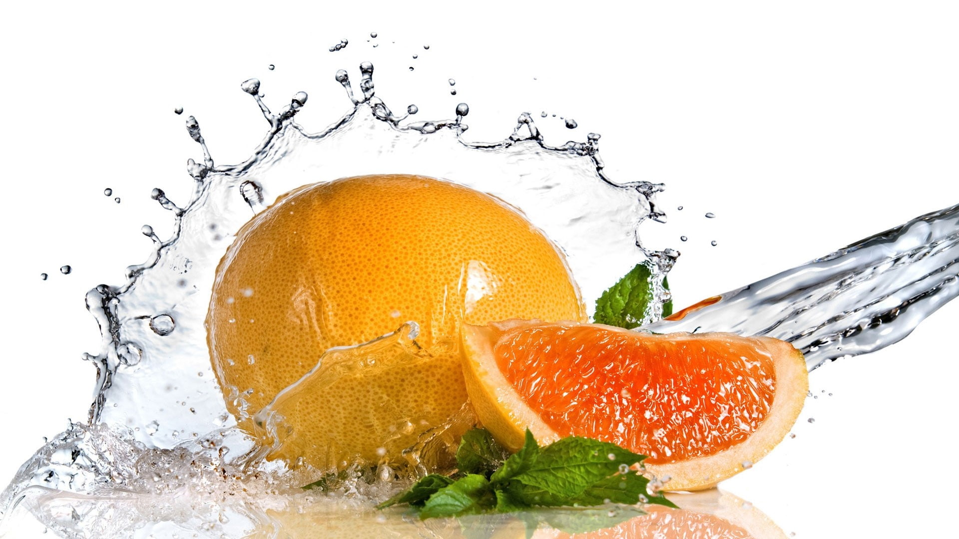 splashing, orange - fruit, motion, Water, studio shot, Mint, healthy eating, citrus fruit, orange, food, drop, no people, orange color, falling, Grapefruit, HD Wallpaper