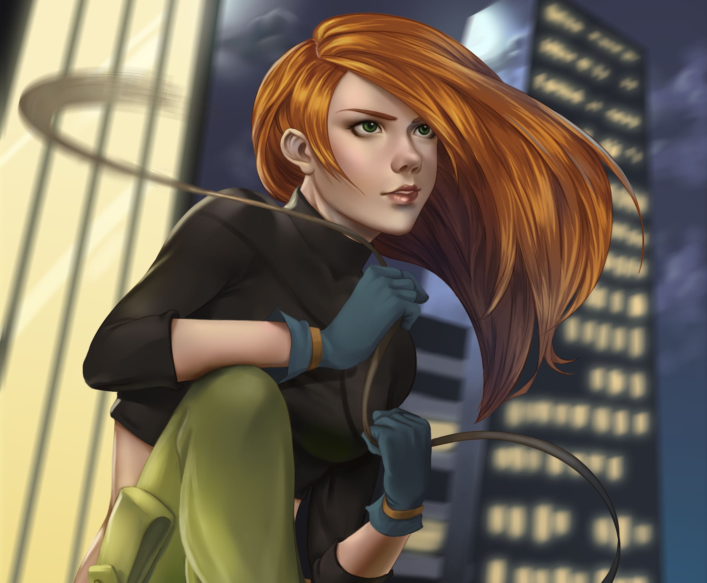red, look, Kim Five with Plus, skyscrapers, 1080P, Kim Possible, HD Wallpaper