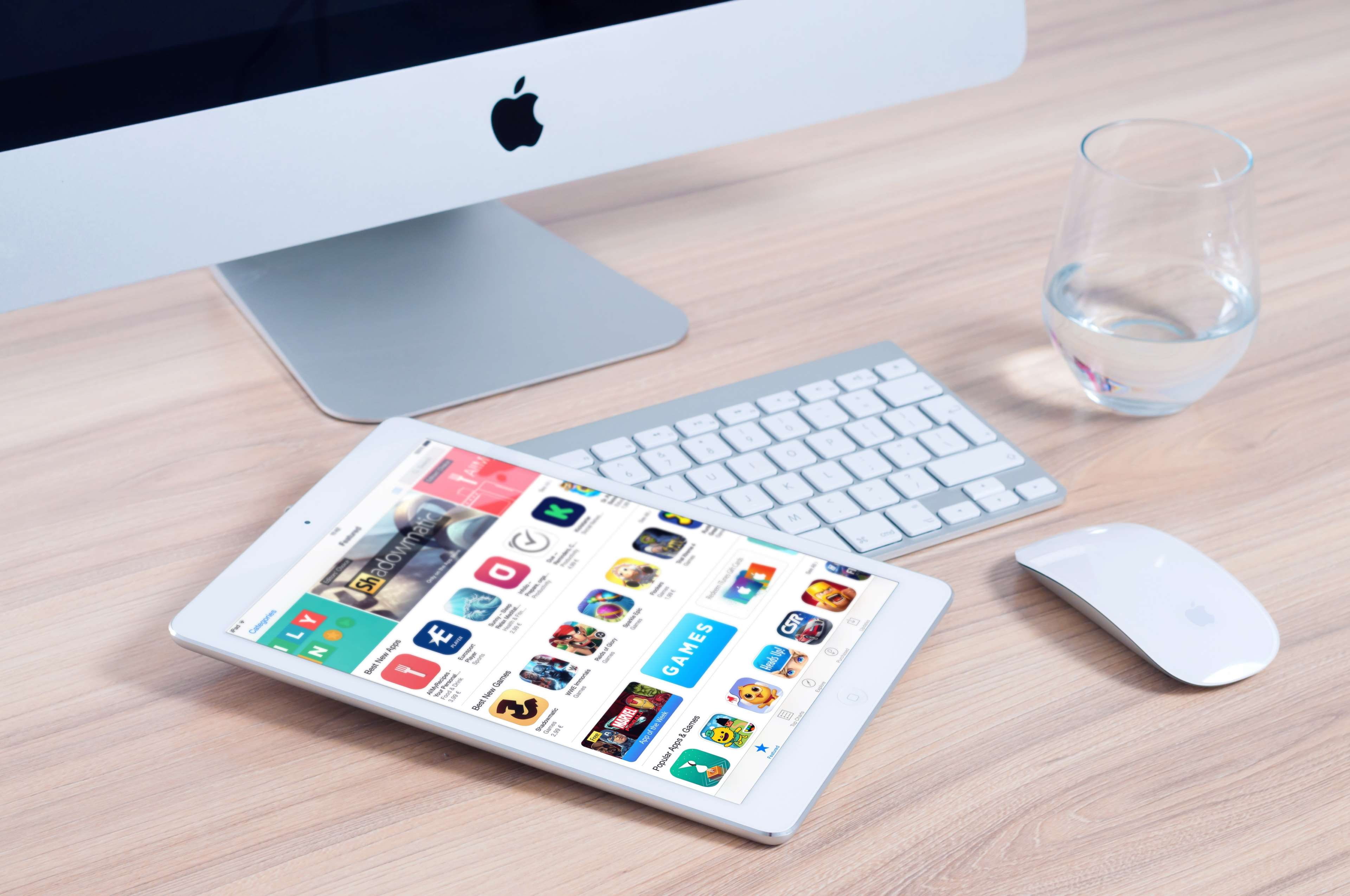 home office, imac, high angle view, workplace, 4K, wireless technology, wood - material, ipad, keyboard, indoors, tablet, web, mockup, desk, mouse, no people, HD Wallpaper