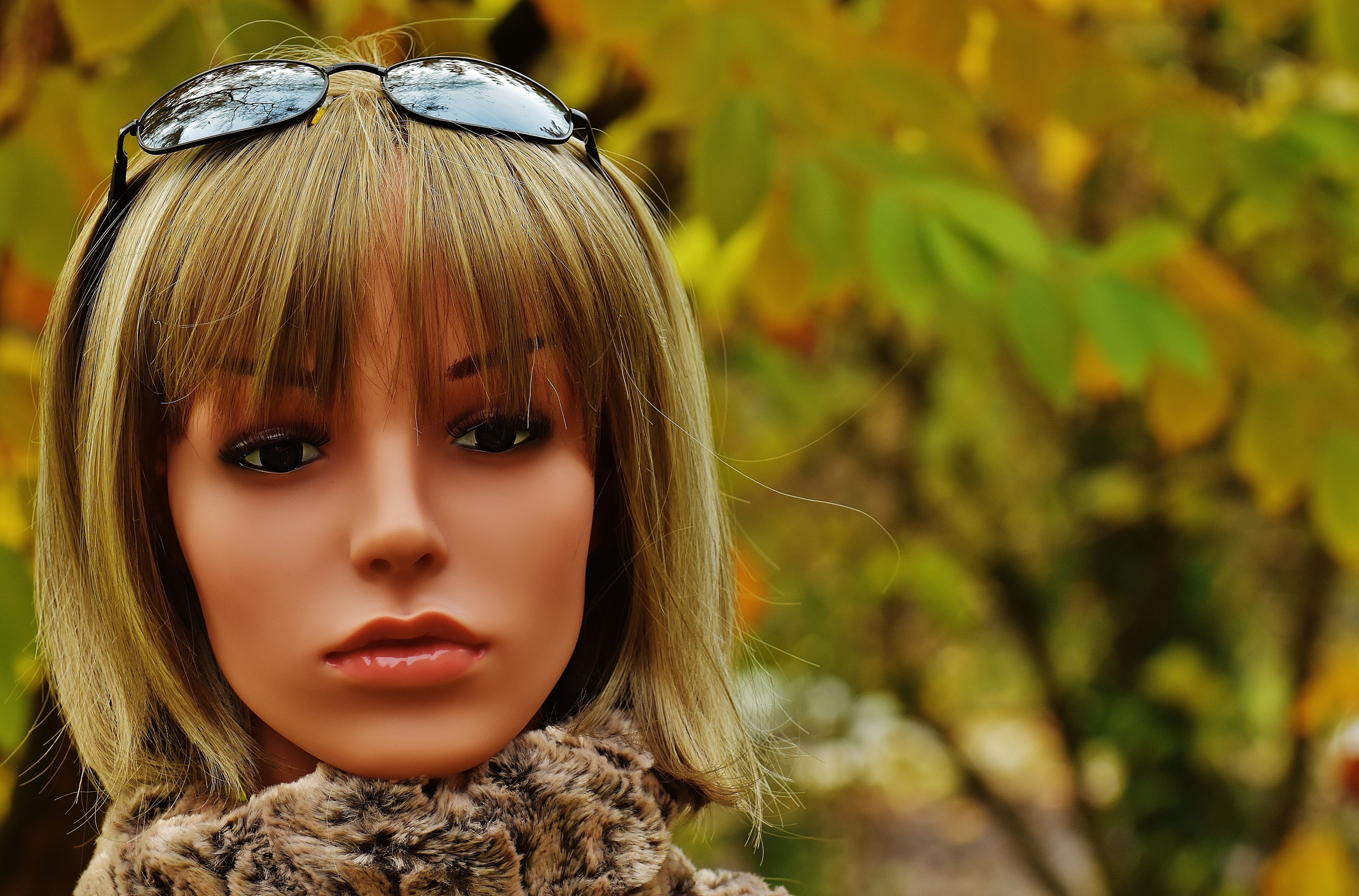focus on foreground, one girl only, display dummy, young, doll, figure, young woman, sunglasses, portrait, females, bangs, hairstyle, female, women, wig head, HD Wallpaper