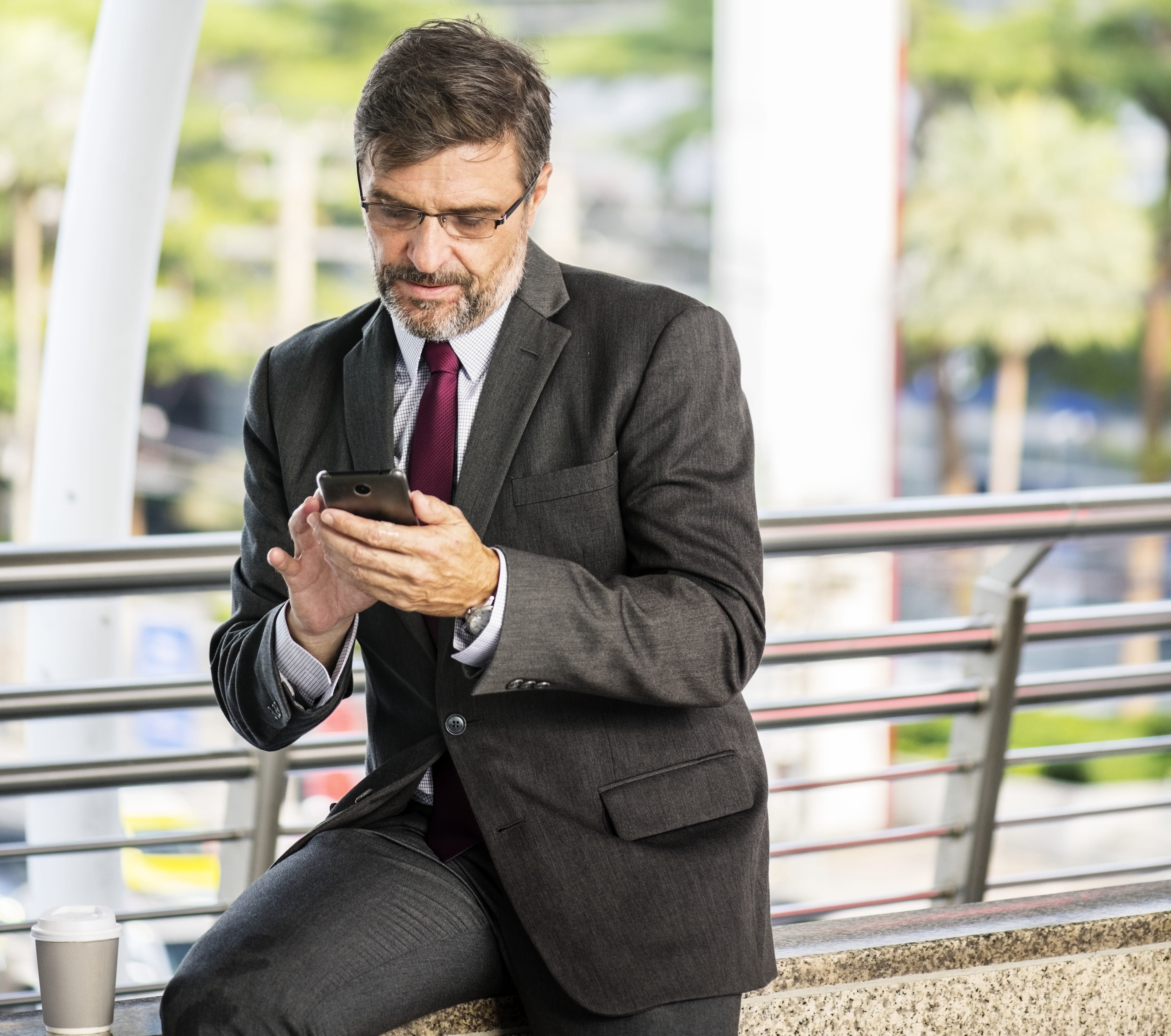 three quarter length, communication, device, texting, outdoors, technology, businessman, wireless technology, well-dressed, smartphone, on social, front view, HD Wallpaper