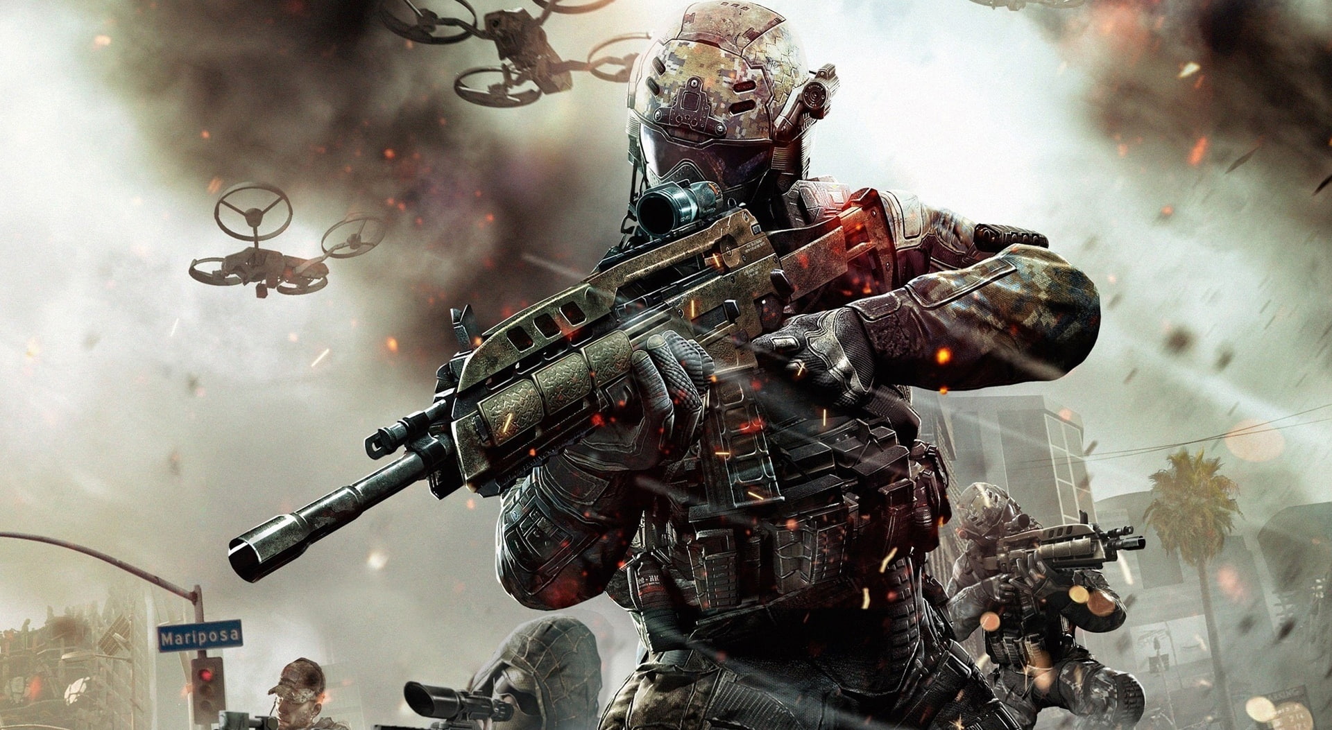 violence, weapon, city, ops, black, duty, architecture, building exterior, digital composite, gun, machinery, communication, conflict, game, sign, cover, HD Wallpaper