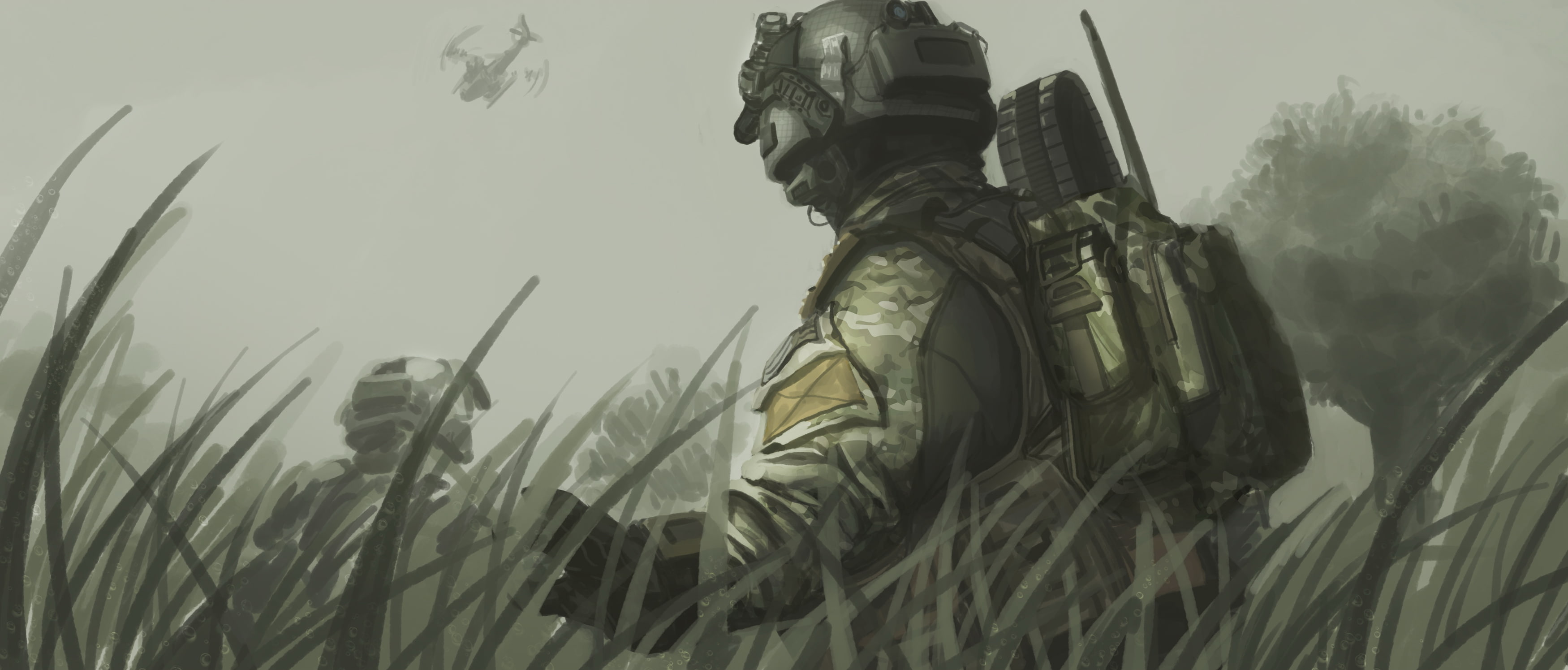 helicopter, art, Call of Duty, helmet, 2K, fighters, grass, backpack, the sky, Black Ops 2, figure, HD Wallpaper