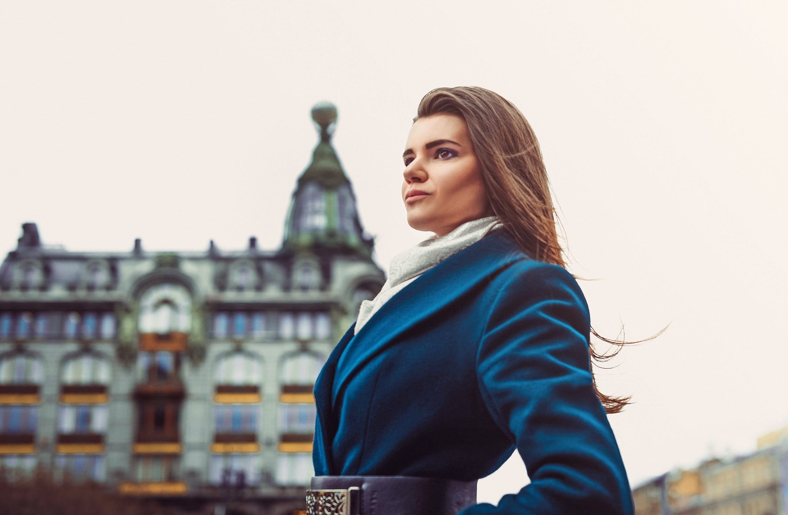 sky, beautiful, women, portrait, young adult, hairstyle, hair, building exterior, beauty, casual clothing, contemplation, business lady, architecture, 2K, HD Wallpaper