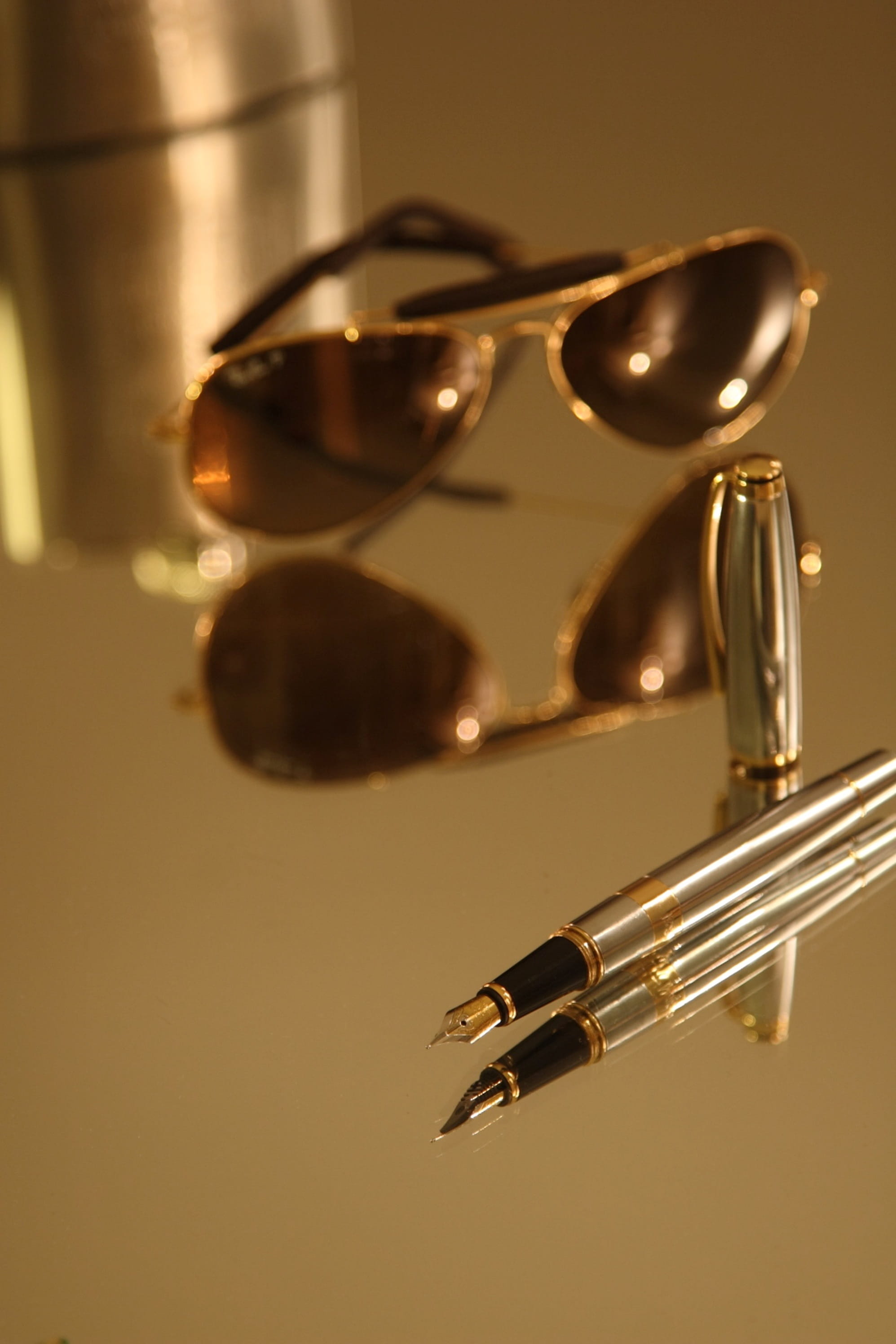 Sunglasses, colored background, Business, table, still life, close-up, equipment, 2K, selective focus, fashion, group of objects, metal, indoors, writing instrument, Phone HD Wallpaper
