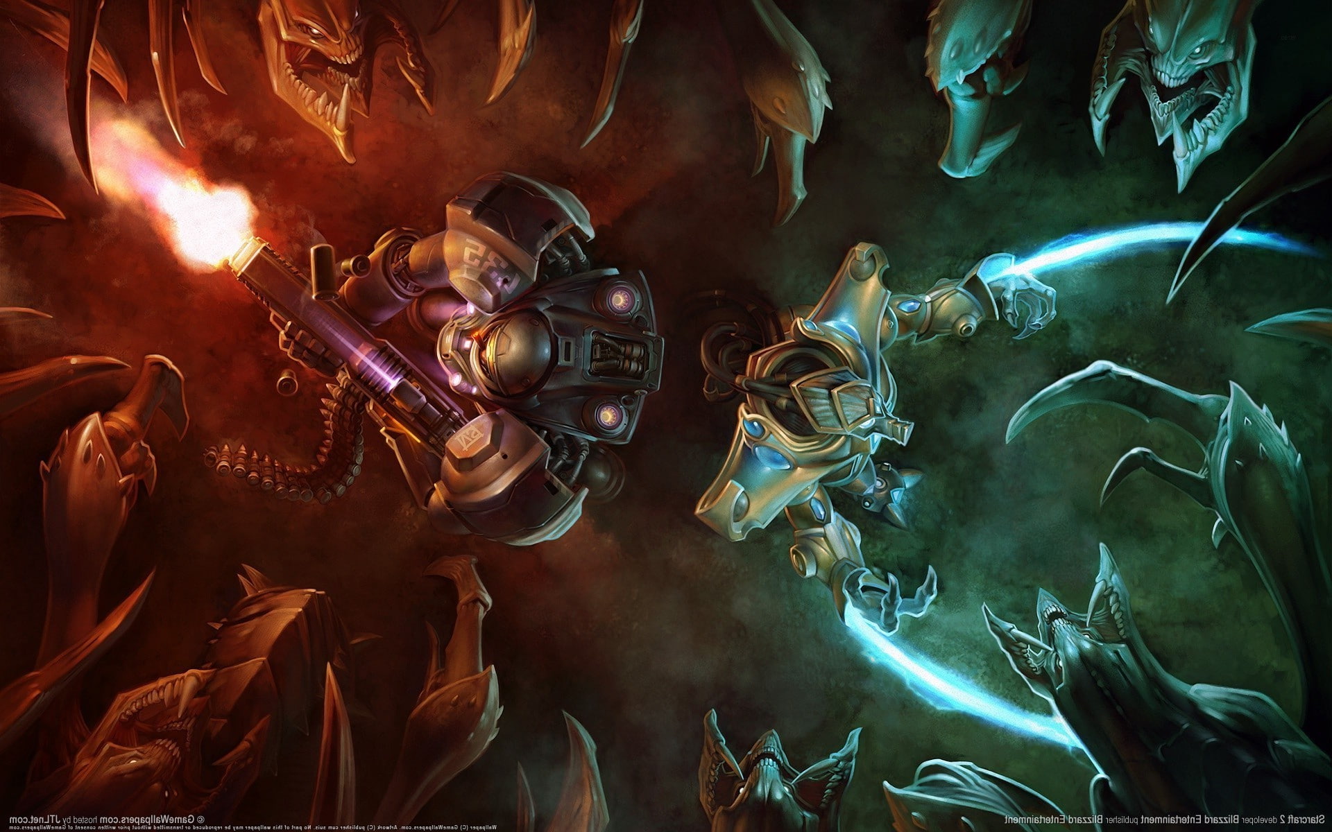 metal, indoors, battle, gun, government, burning, armed forces, army soldier, weapon, occupation, smoke - physical structure, war, headwear, video games attack starcraft ii terrans protoss zerg, HD Wallpaper