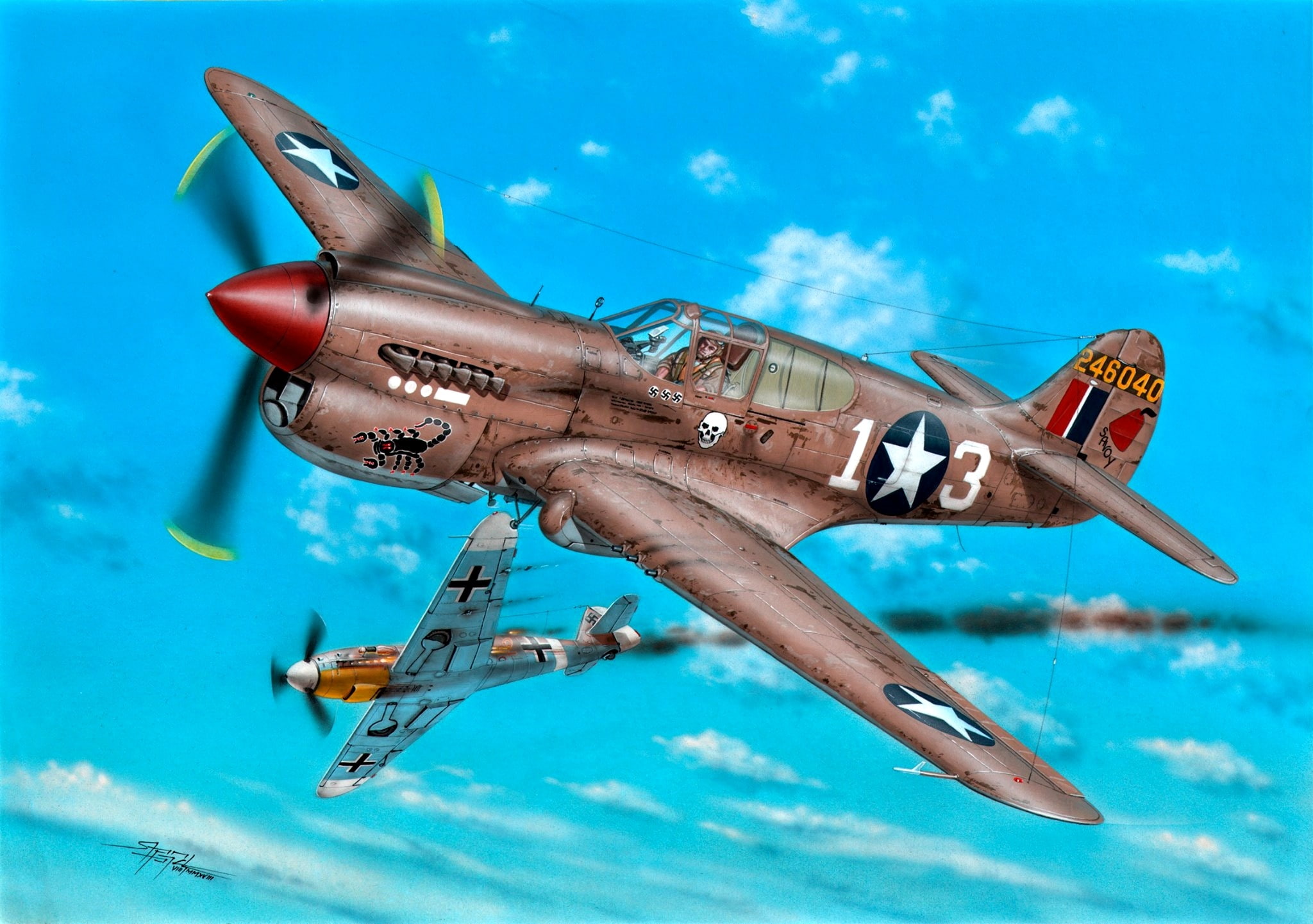 P-40K, 64th Fighter Squadron, fighter, WWII, Combat aircraft, 1080P, Bf.109, Lt R.Johnson, 57th Fighter Group, HD Wallpaper