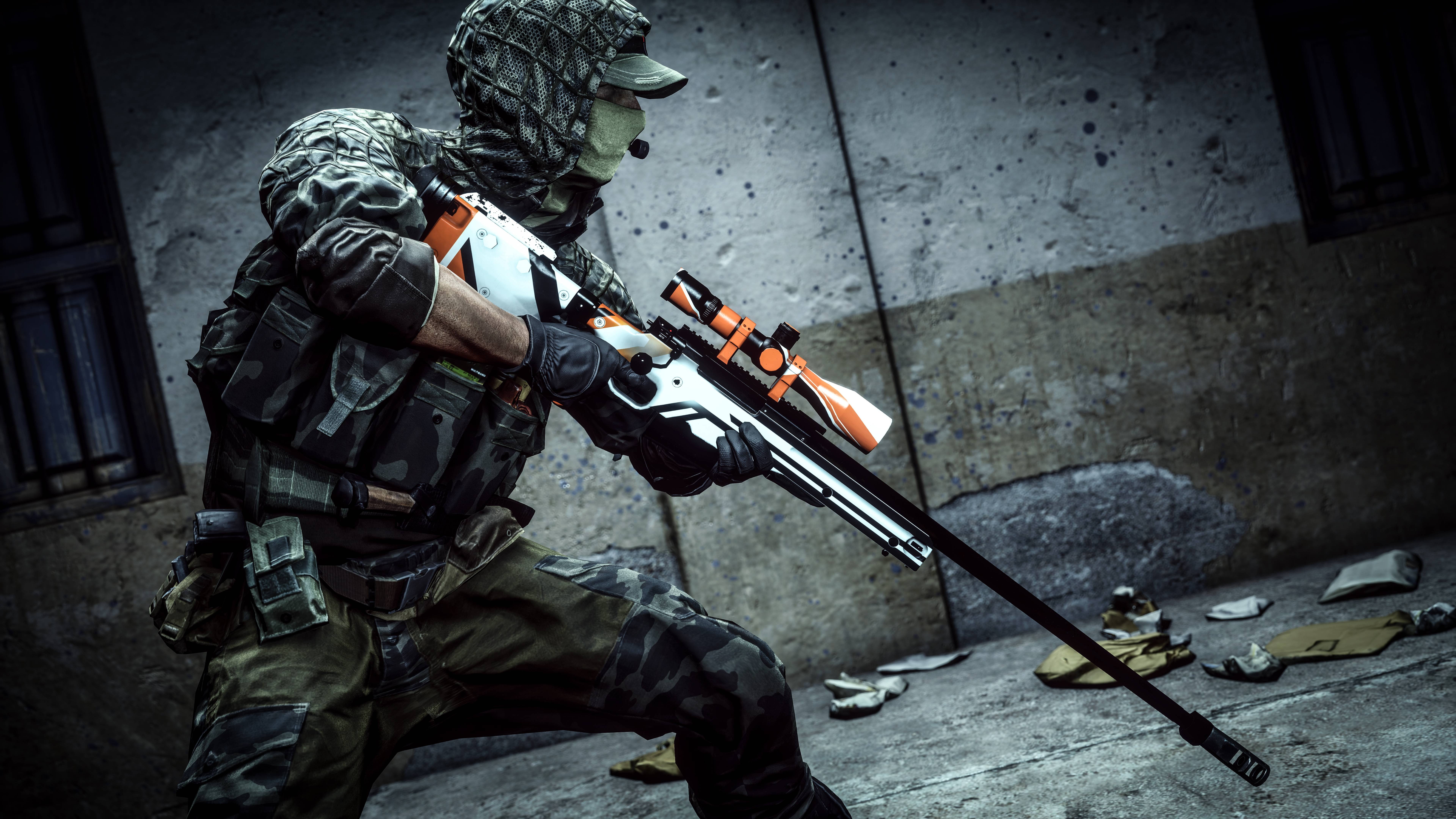  rifle, Recon, orange, camouflage, wearing, Battlefield 4, game, 8K, man, Sniper, 8K, gear, white, HD Wallpaper