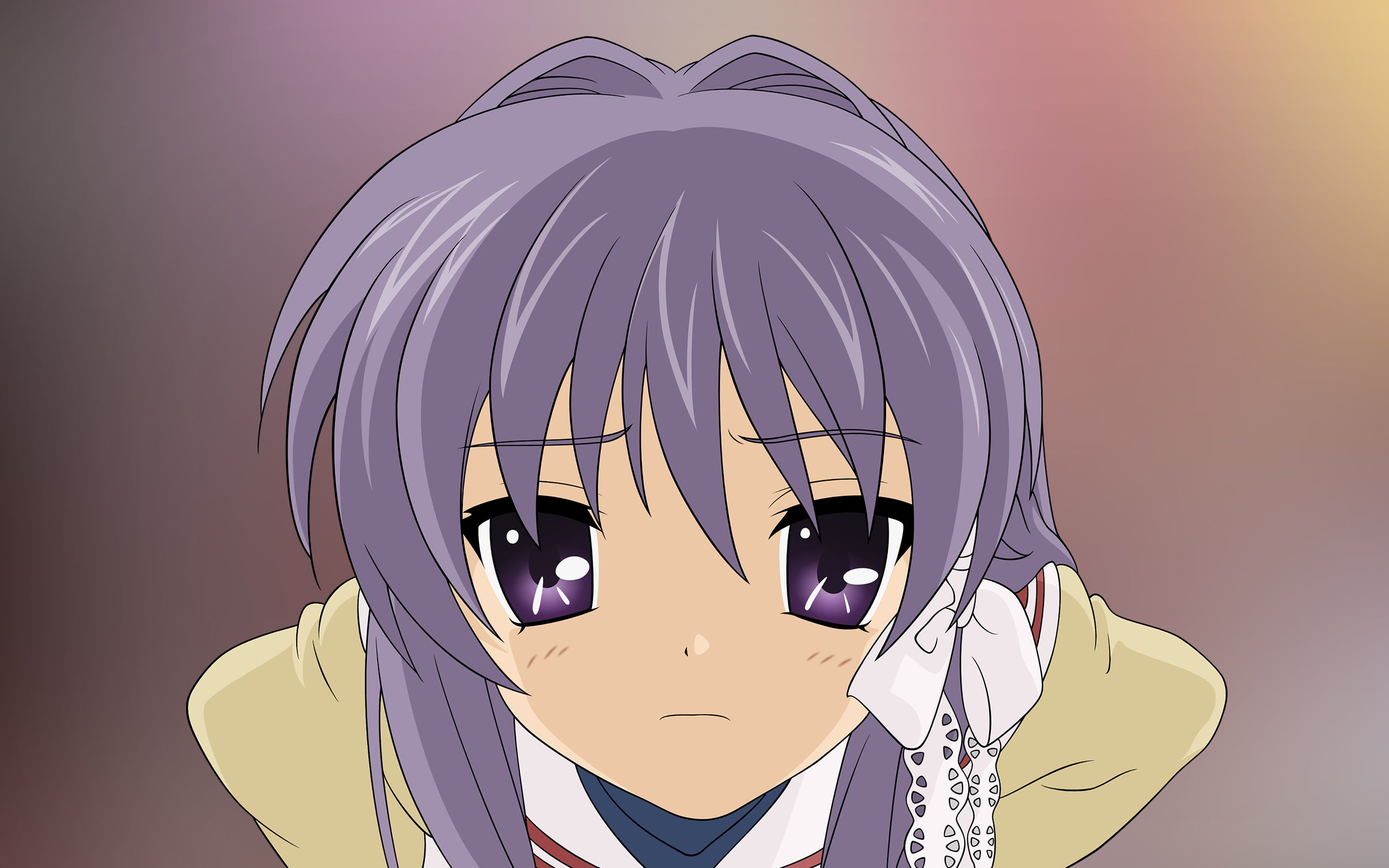 purple eyes, young adult, mask - disguise, anime girls, Fujibayashi Kyou, purple hair, digital composite, close-up, front view, fashion, art and craft, HD Wallpaper