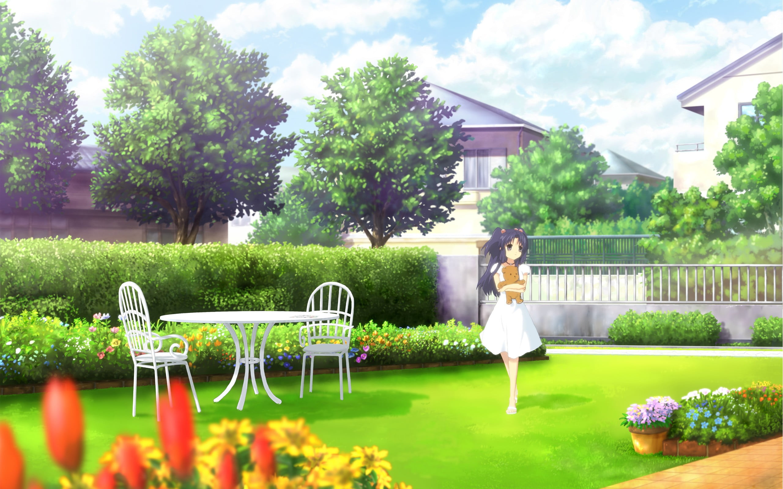 plant, women, young adult, outdoors, building exterior, grass, real people, anime, day, one person, sky, built structure, leisure activity, adult, Clannad, HD Wallpaper