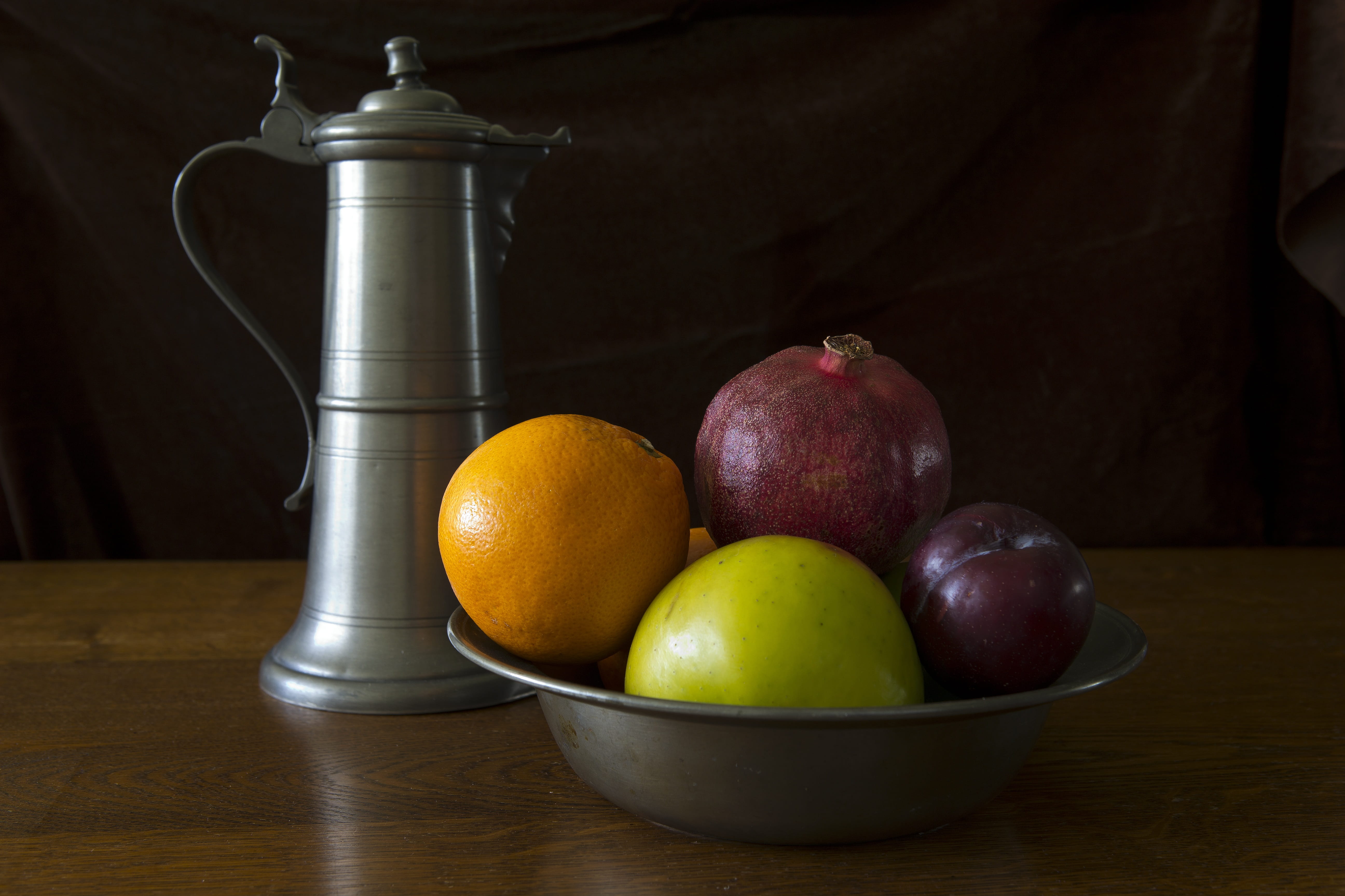 food, apple - Fruit, wellbeing, gray, pomegranate, pewter ewer, fruit, orange, 5K, household equipment, bowl, red, indoors, variation, steel bowl, table, HD Wallpaper
