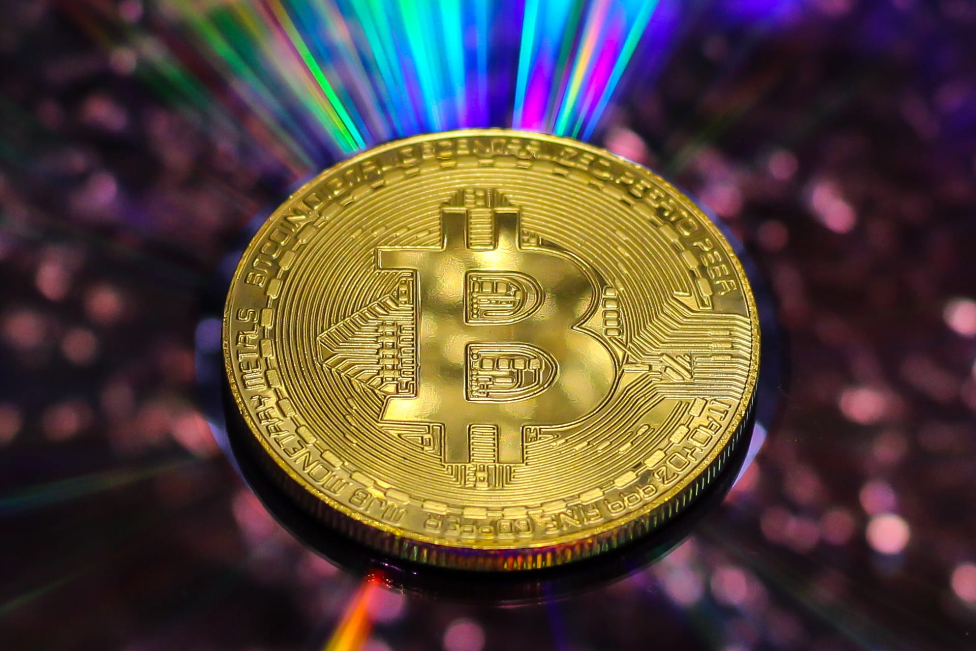 single object, virtual, indoors, business, coin, gold, purple, illuminated, gold colored, 1080P, financial, ornate, bitcoin, pattern, currency, still life, HD Wallpaper