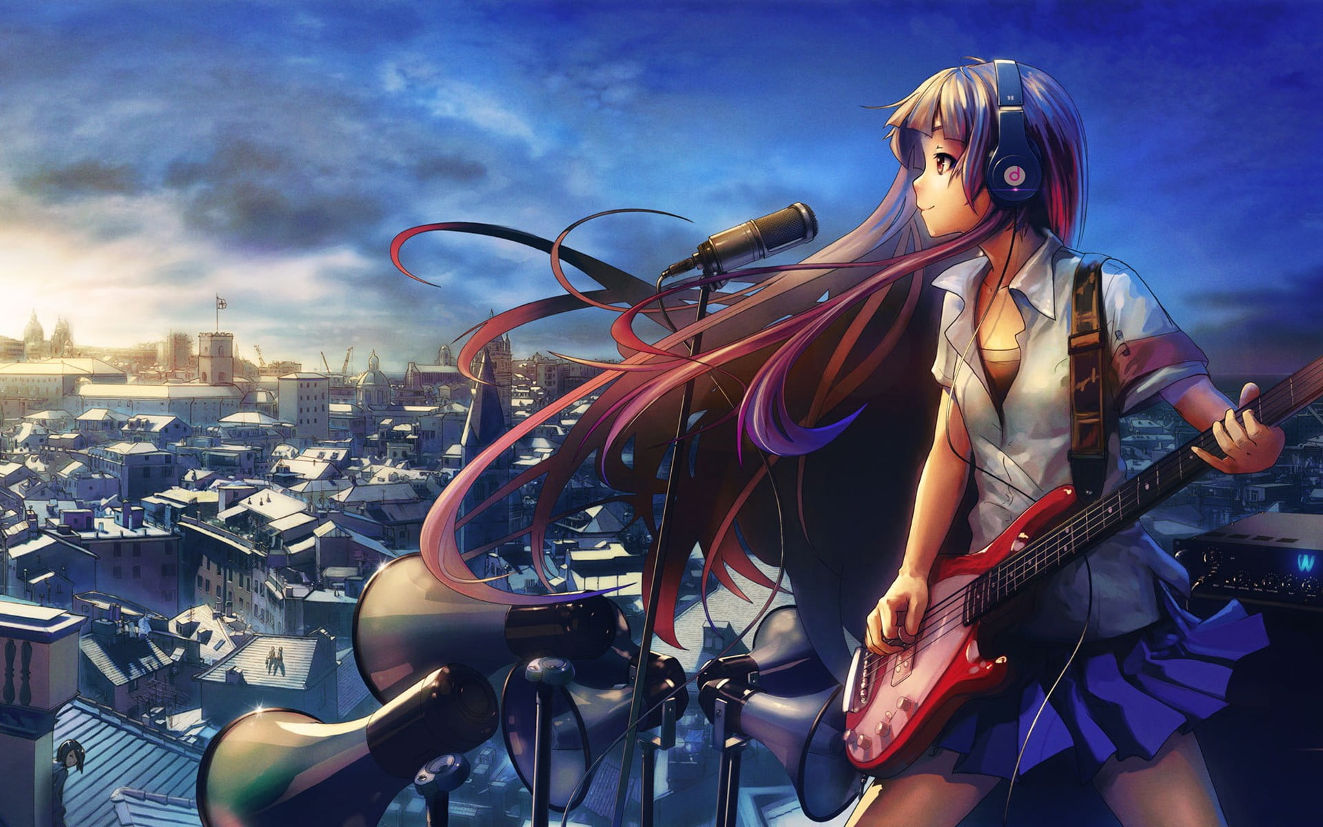 musician, focus on foreground, cloud - sky, real people, 1080P, anime girls, artist, skirt, string instrument, city, building exterior, musical instrument, HD Wallpaper