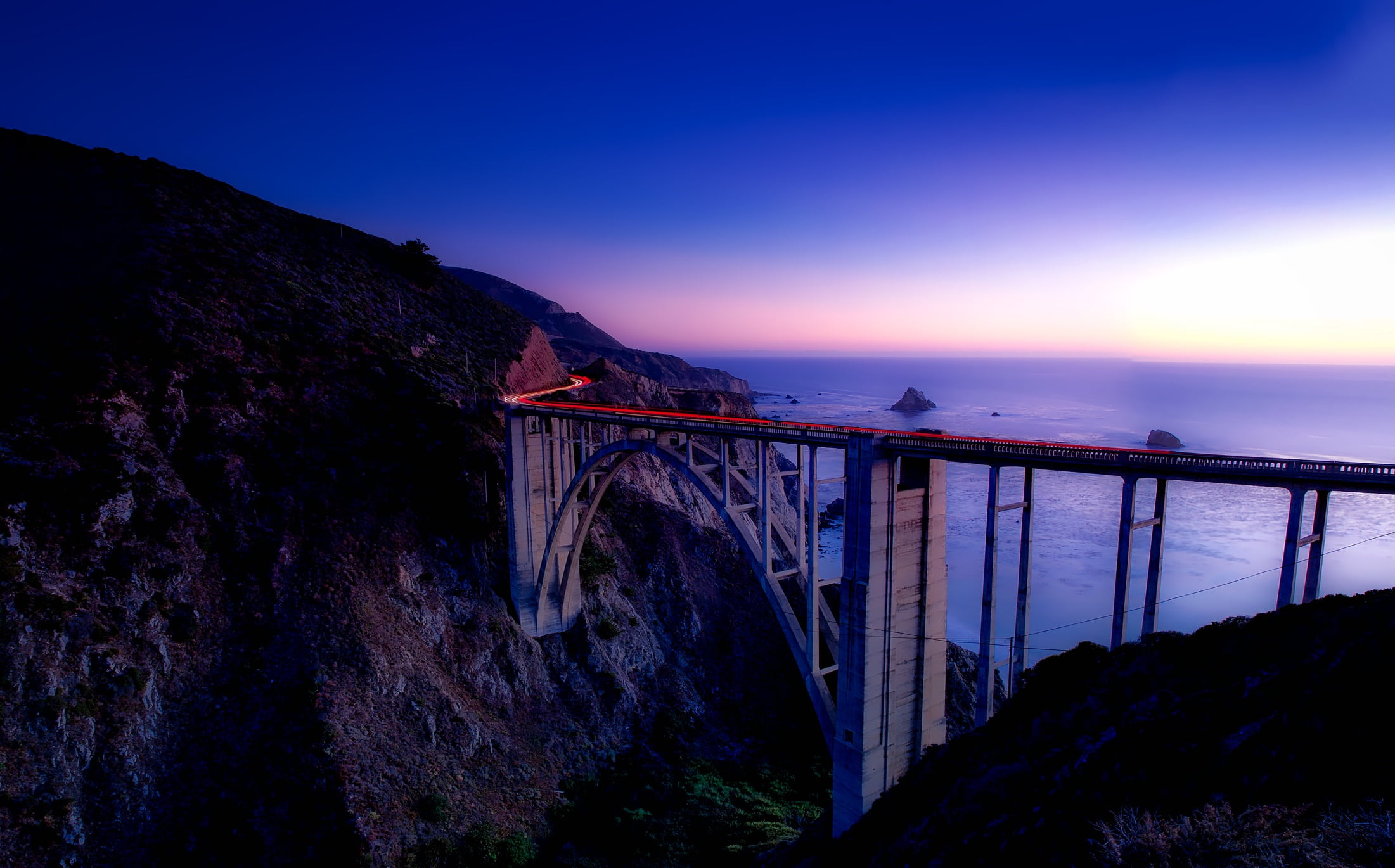 day, transportation, scenics - nature, outdoors, big sur, dusk, water, travel destinations, nature, beside, sky, mountain, hdr, built structure, rural, HD Wallpaper